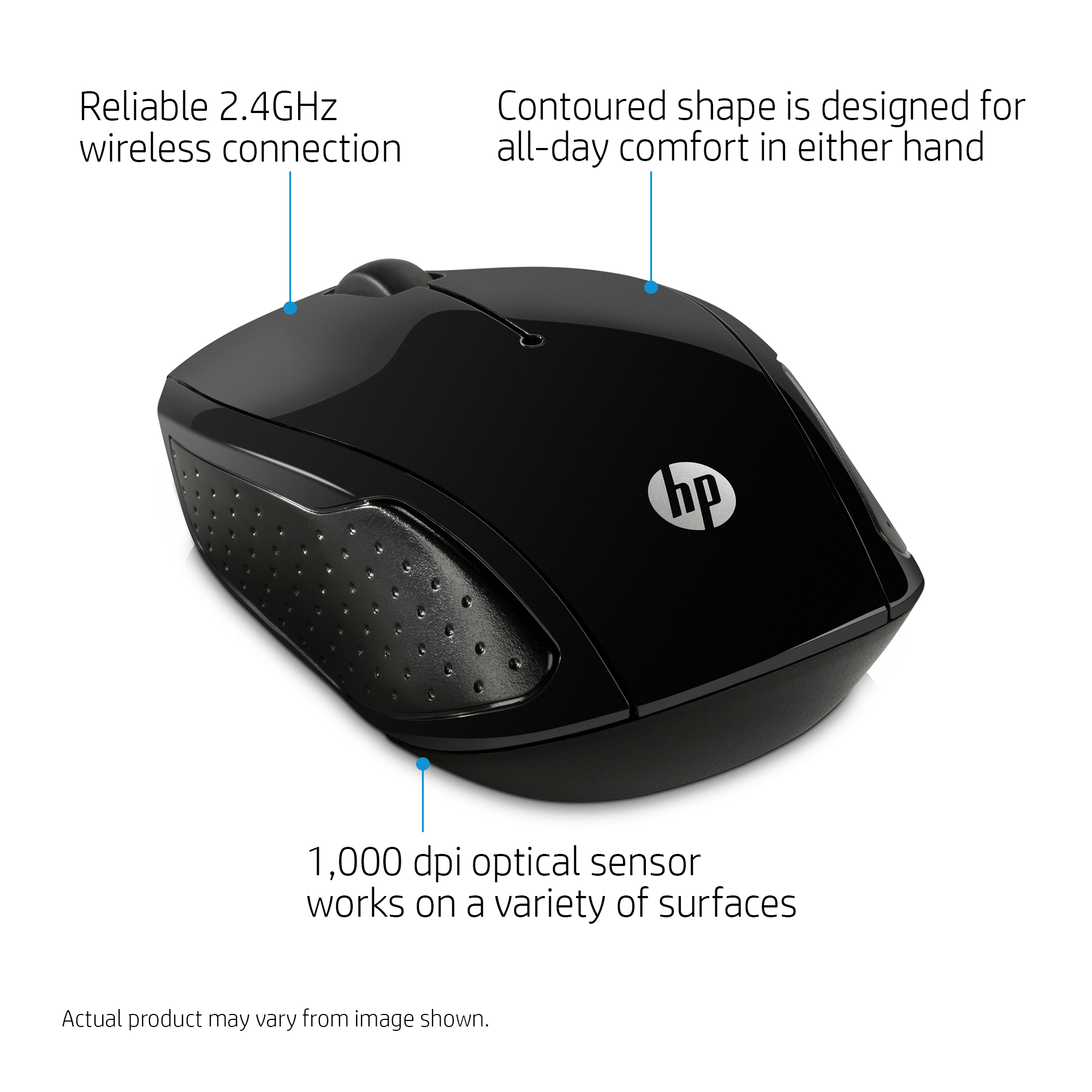 Ratón HP negro con forma contorneada, inalámbrico de 2,4 GHz y sensor óptico de 1000 ppp. El logotipo de HP es visible.