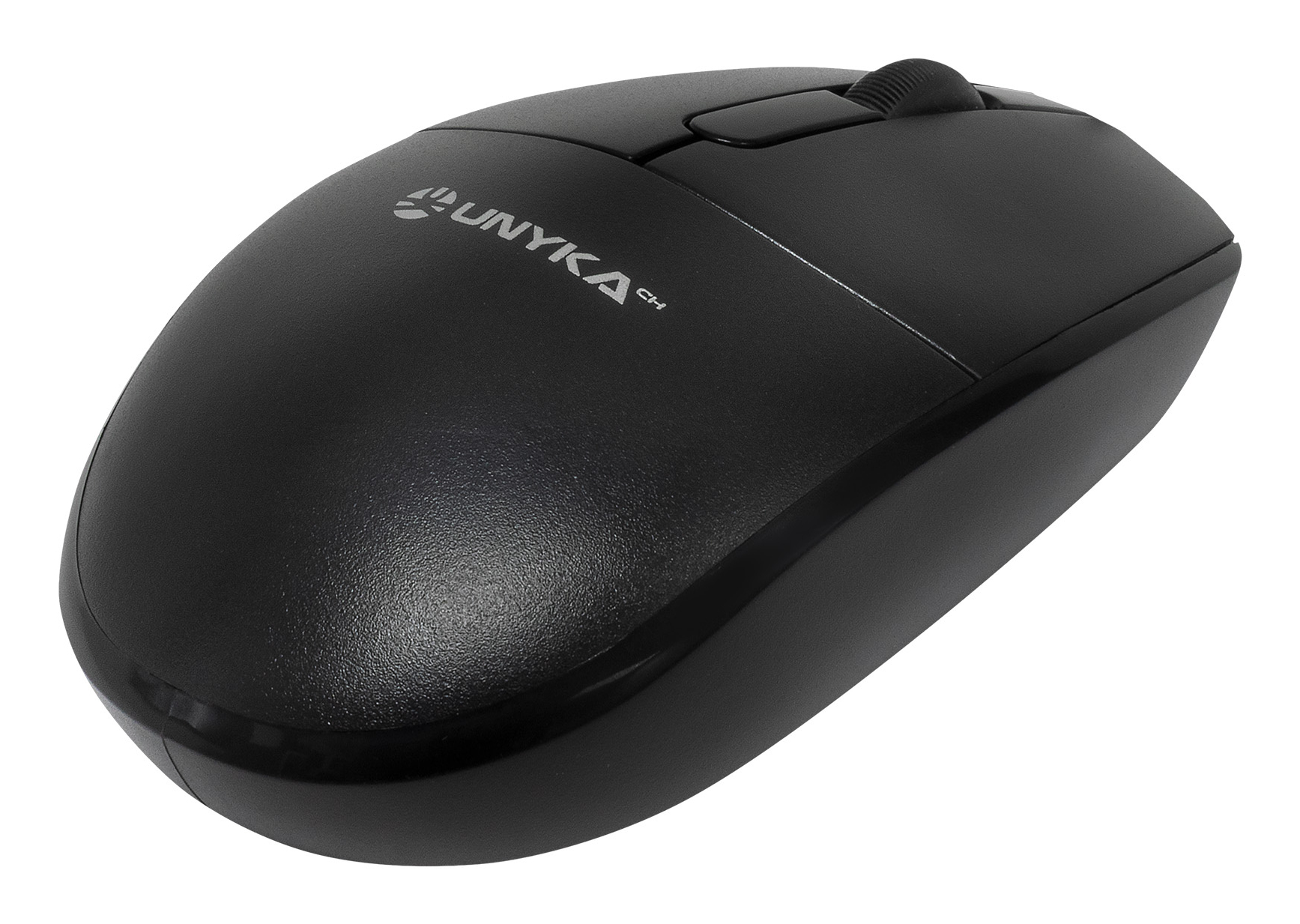 Mouse nero per computer con rotella e logo del marchio. Isolato su sfondo bianco.