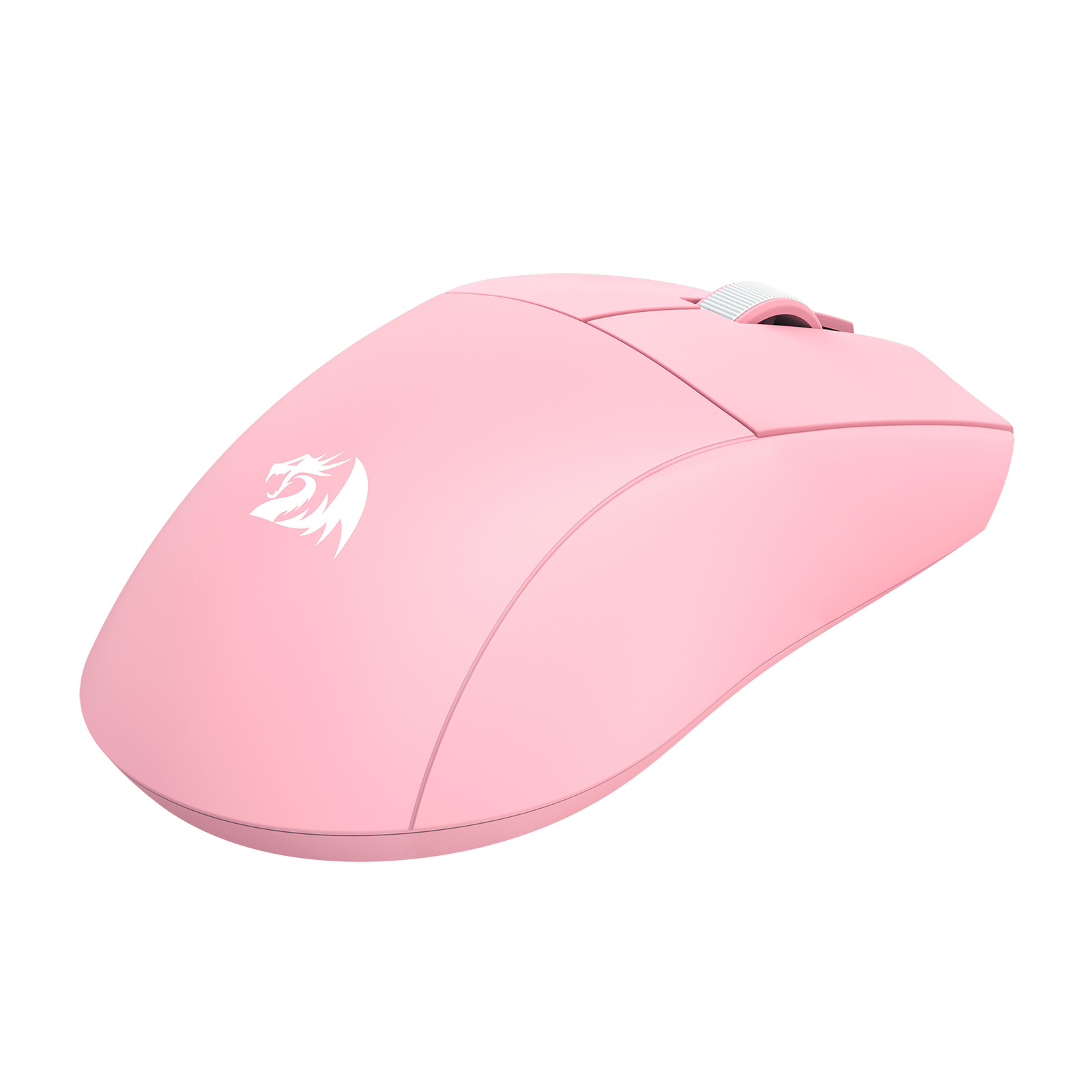 A pink computer mouse with a white logo is on a white background. The mouse has a scroll wheel and is angled to the right.