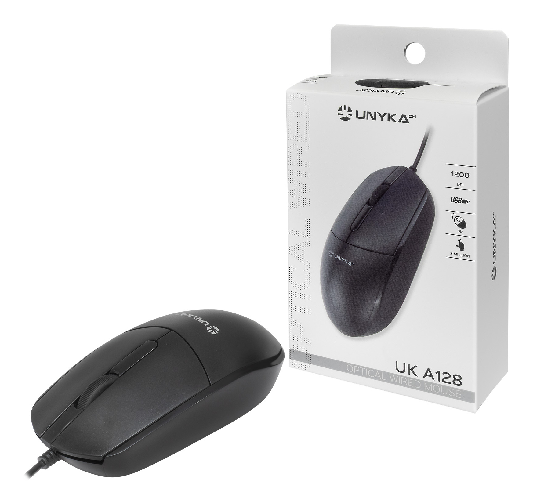 Un mouse per computer nero cablato con rotella di scorrimento è accanto alla sua confezione. Sulla scatola c'è scritto 'UNYKA' e 'UK A128'.