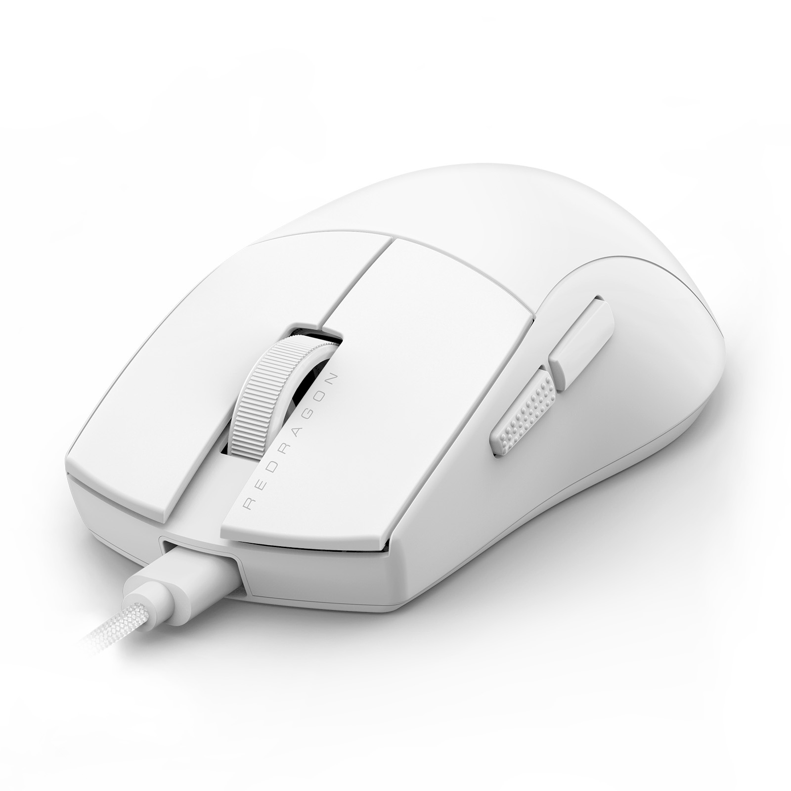A white Redragon gaming mouse. It has a scroll wheel, side buttons, and a braided cable. The logo is visible.