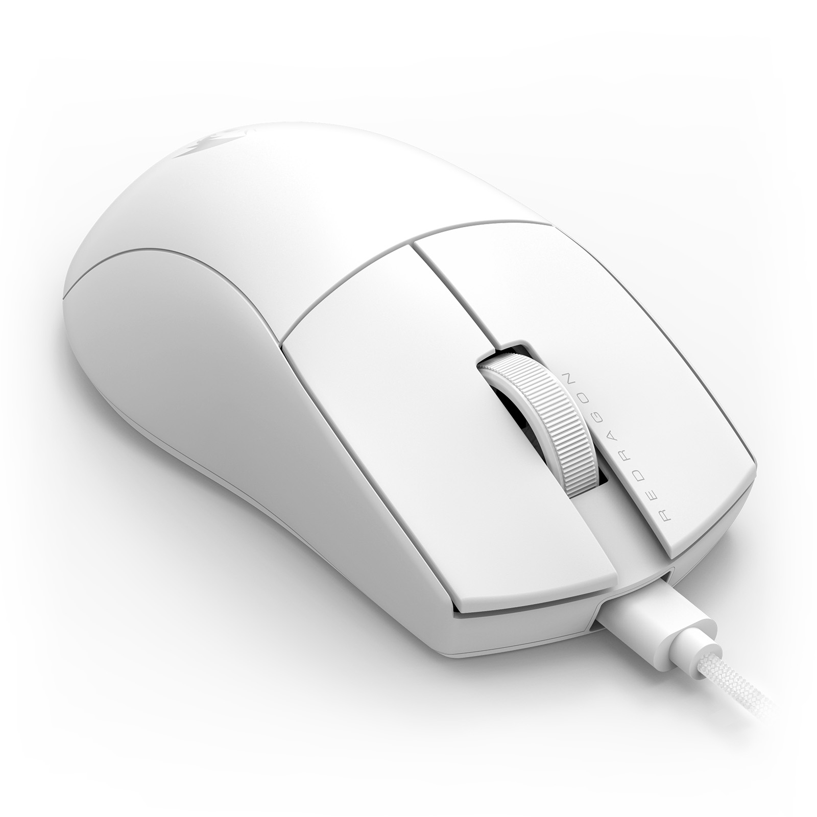 A white Redragon gaming mouse on a white surface. The mouse has a scroll wheel and a cable connected to it.