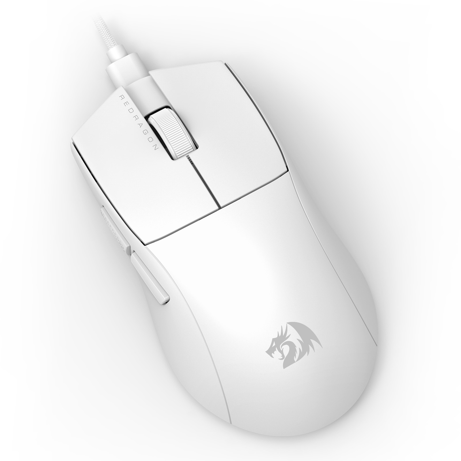 A white Redragon gaming mouse with a scroll wheel and a logo. It is on a white surface, and has a white cable.