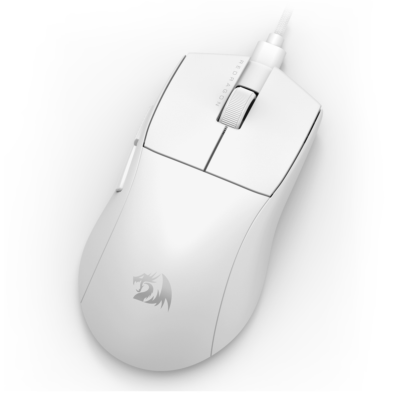 A white Redragon gaming mouse. It has a scroll wheel, two buttons, and a logo. It is on a white background.
