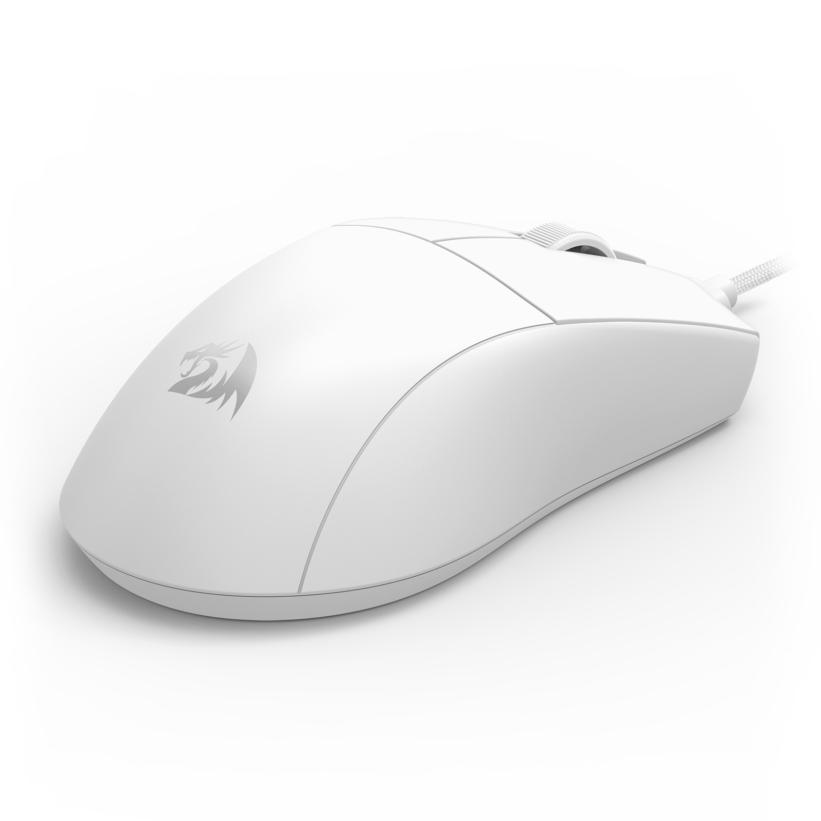 A white Redragon gaming mouse with a dragon logo. It has a scroll wheel and a braided cable on a white background.