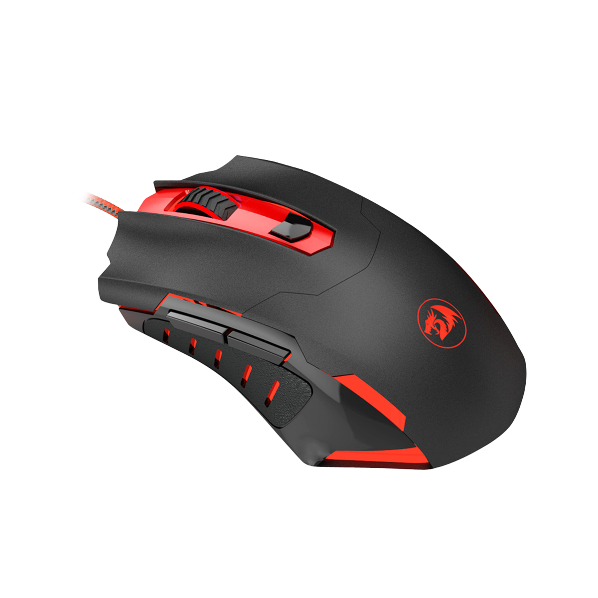Un ratón para juegos negro y rojo. Tiene un logotipo de dragón, una rueda de desplazamiento y botones. El diseño es ergonómico y moderno.
