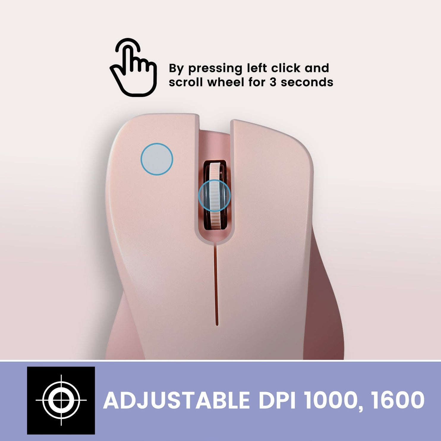 Różowa mysz z kółkiem przewijania. Tekst: naciśnij lewy przycisk i kółko przez 3 sekundy. Regulowane DPI 1000, 1600.