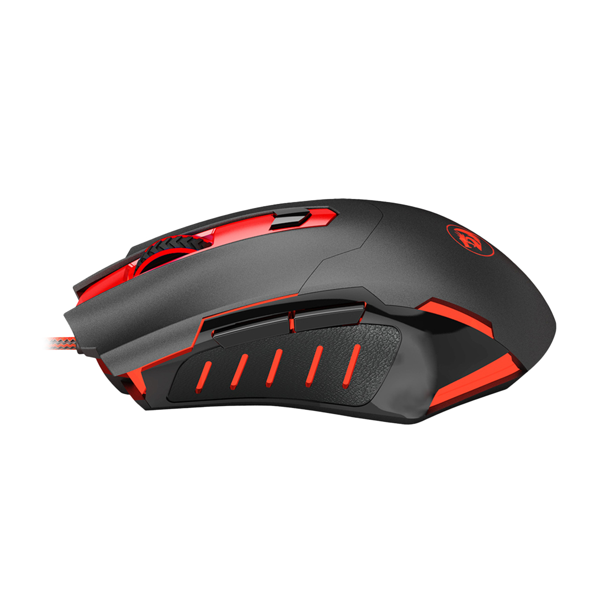 Ratón gaming negro y rojo. Tiene varios botones y una superficie texturizada. El diseño presenta detalles rojos y un logotipo.