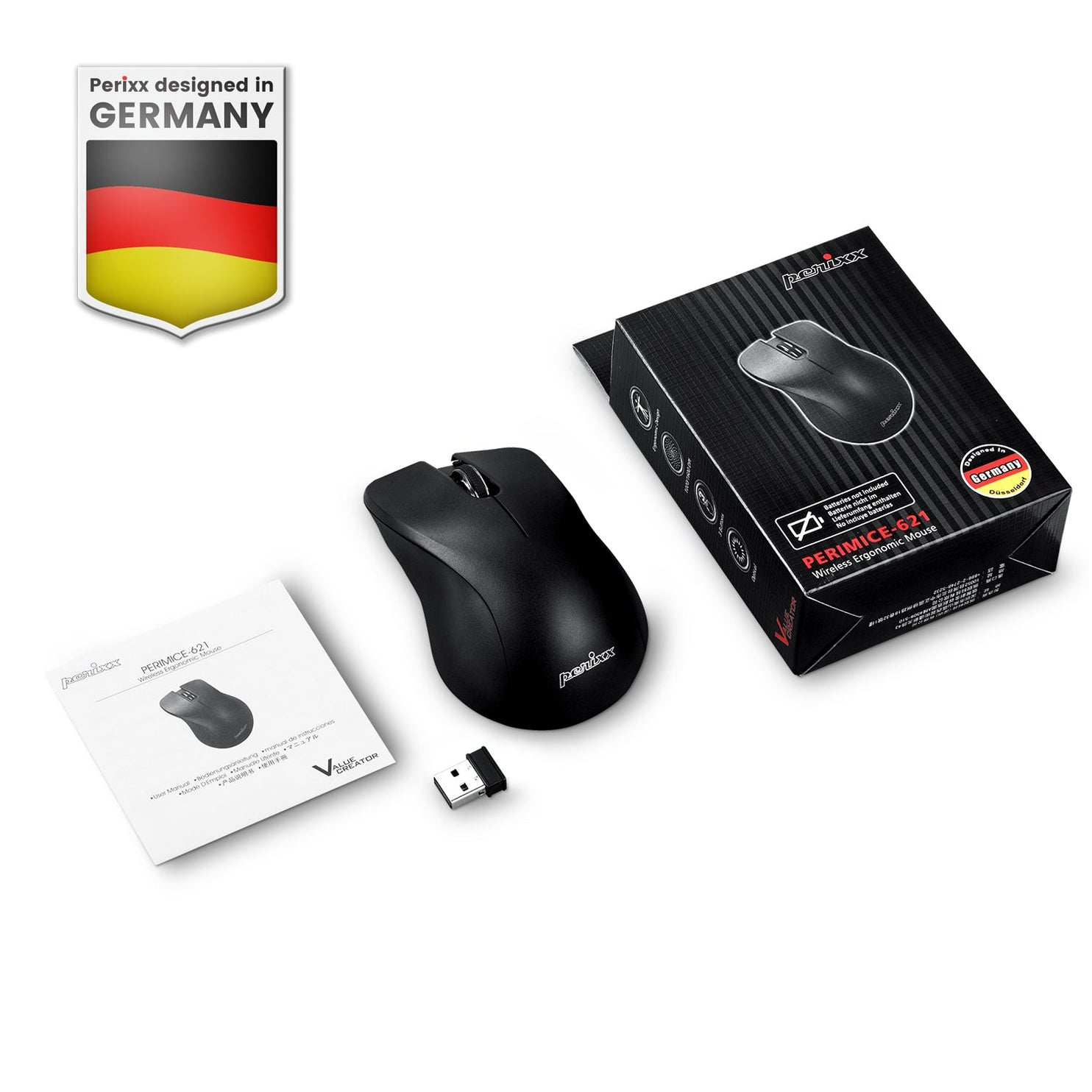 Czarna ergonomiczna mysz bezprzewodowa Perixx, pudełko i instrukcja na białej powierzchni. Obecne logo „Designed in Germany”.