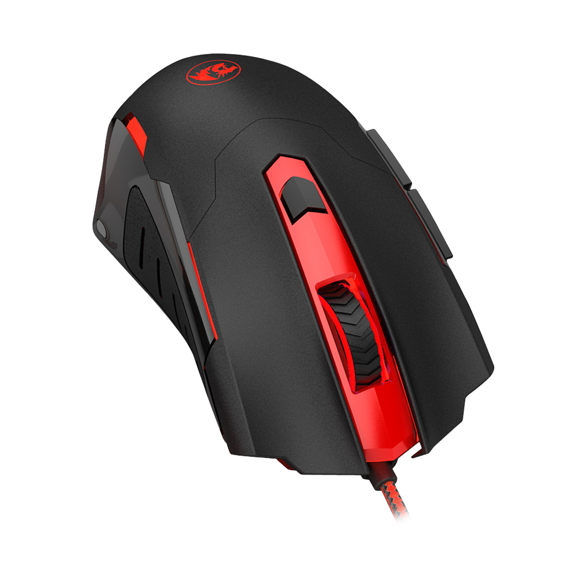 Ratón gaming negro y rojo sobre fondo blanco. El ratón tiene un logotipo de dragón y un cable rojo.