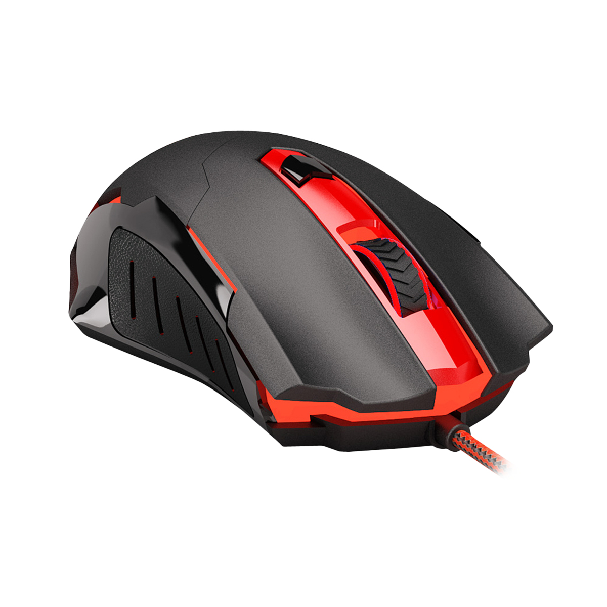 Un ratón gaming negro y rojo. Tiene un agarre texturizado, una rueda de desplazamiento y un cable trenzado. El diseño es angular.