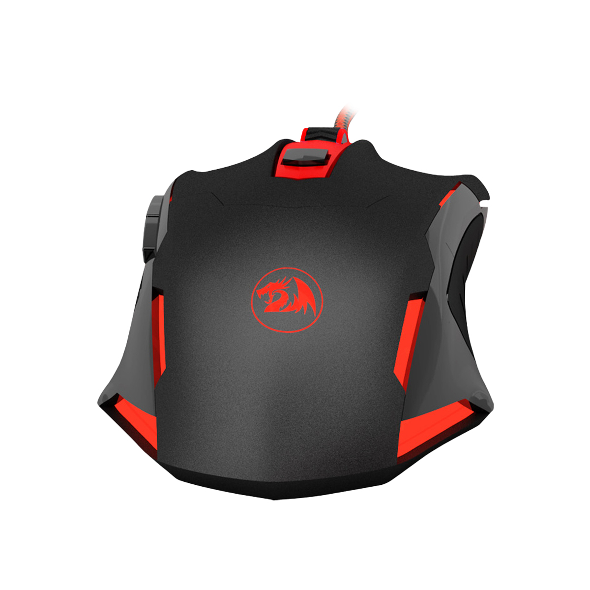Un ratón gaming negro y rojo con un logotipo. Tiene cable y botones. El fondo es blanco.