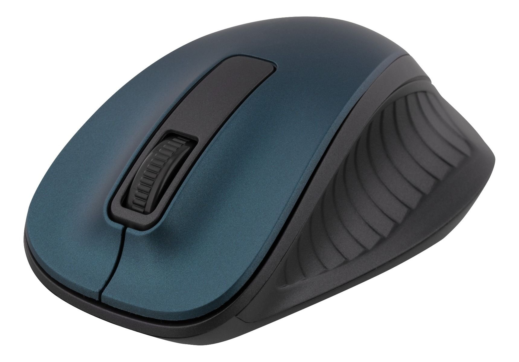 Een teal en zwarte computermuis. Het heeft een scrollwiel en een gebogen ontwerp voor ergonomisch gebruik. De achtergrond is wit.