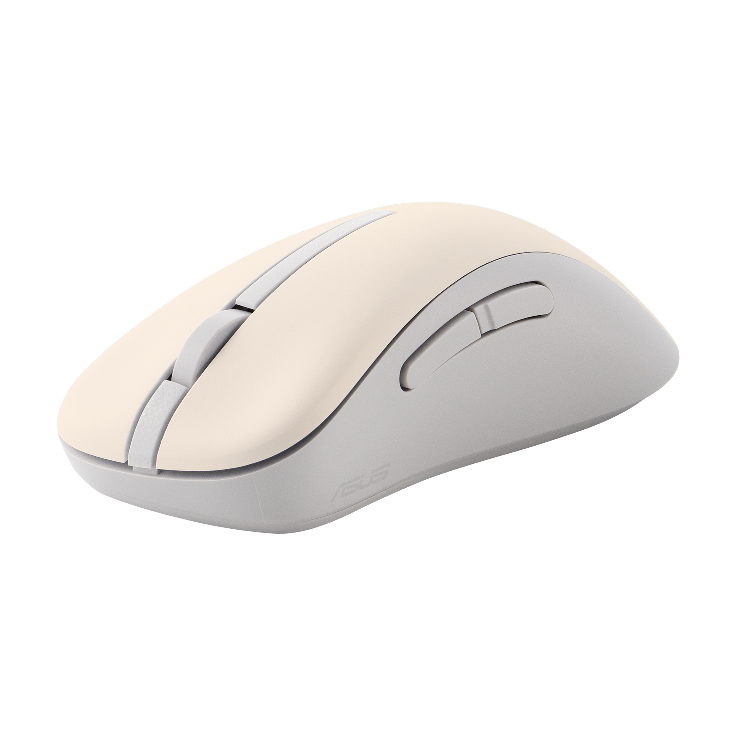 Mouse per computer wireless color crema e grigio su sfondo bianco. Il mouse ha due pulsanti e una rotella.