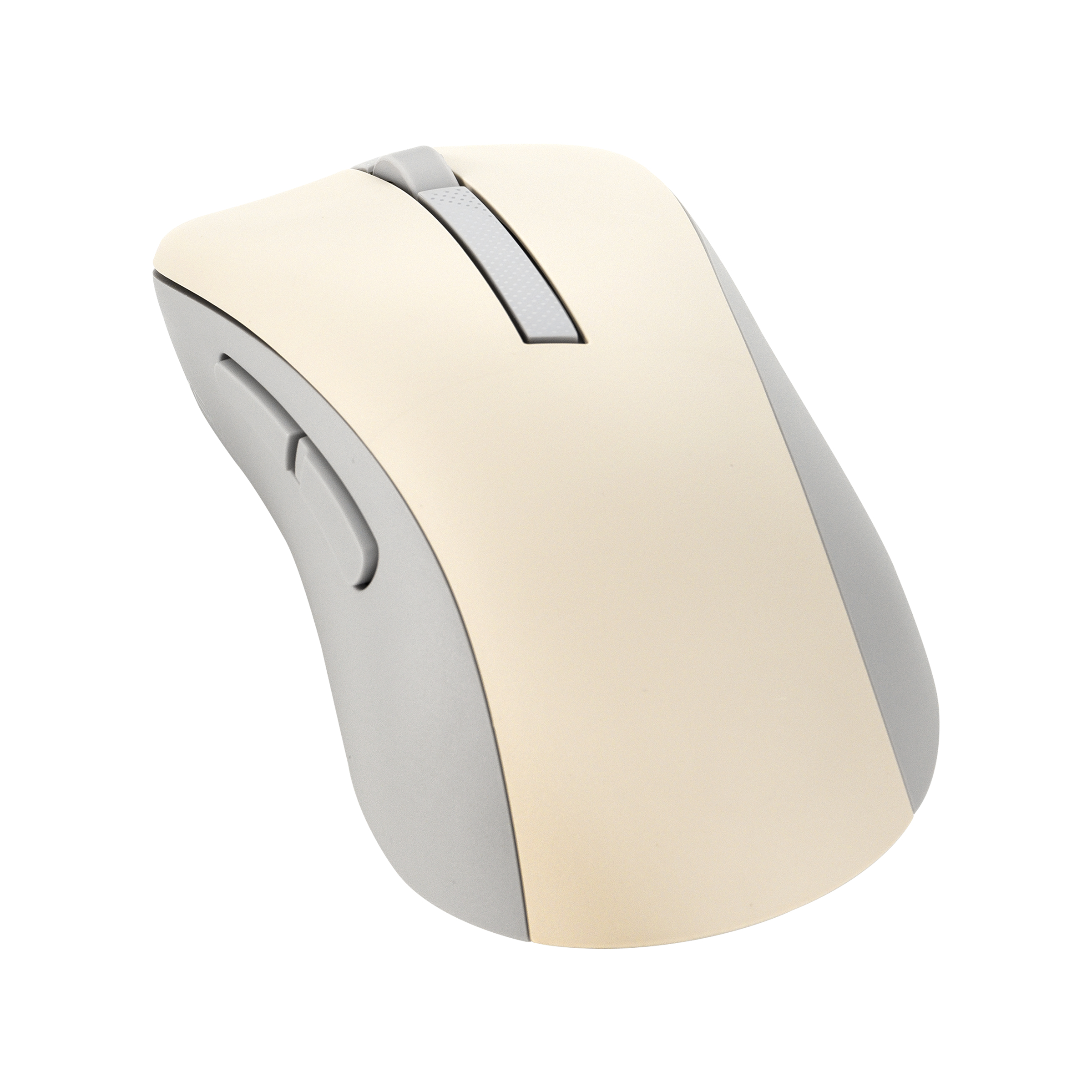 Un mouse per computer beige e grigio è isolato su sfondo bianco. Il mouse ha rotella e pulsanti.