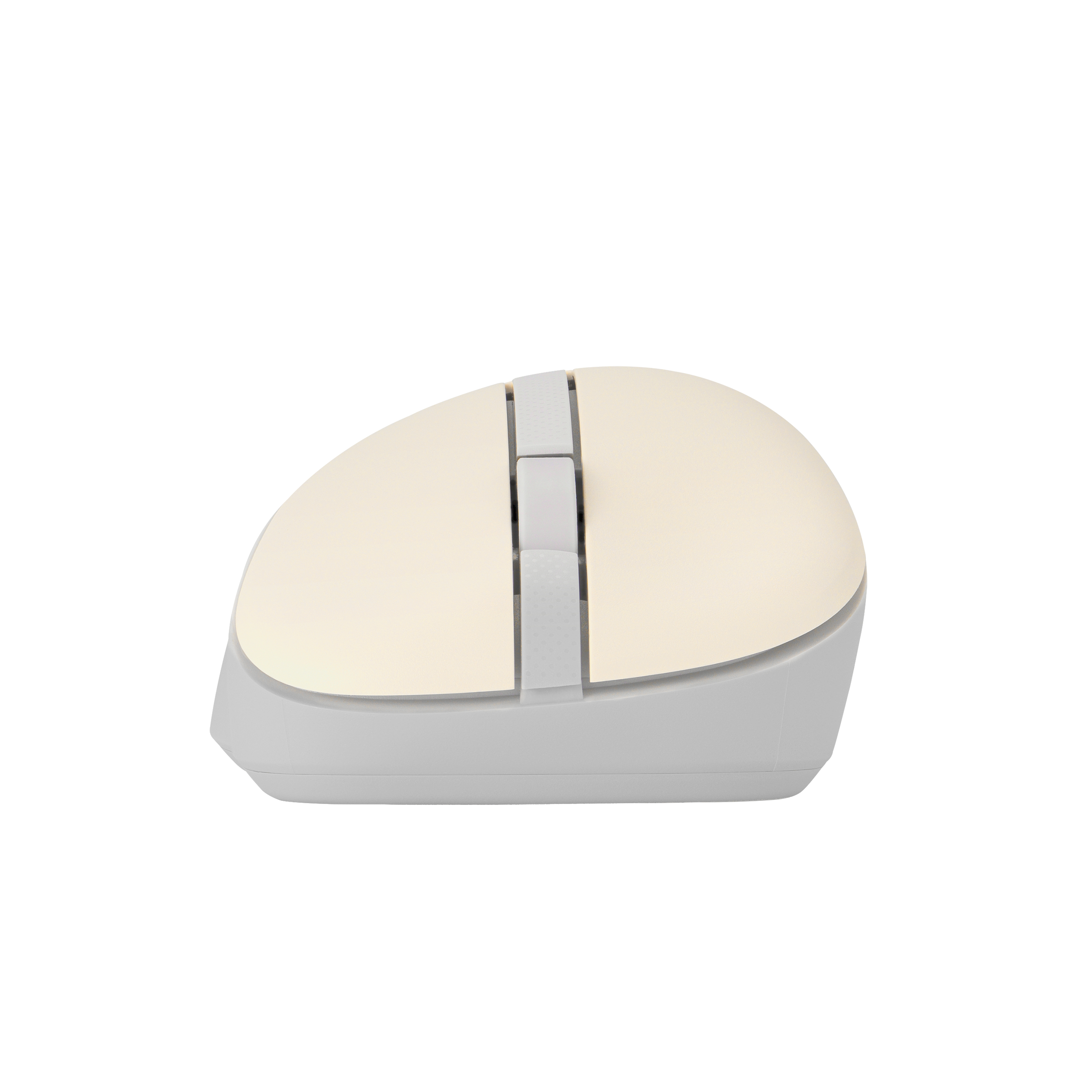 Un mouse per computer wireless. È bianco e ha una parte superiore beige chiaro con due pulsanti bianchi.