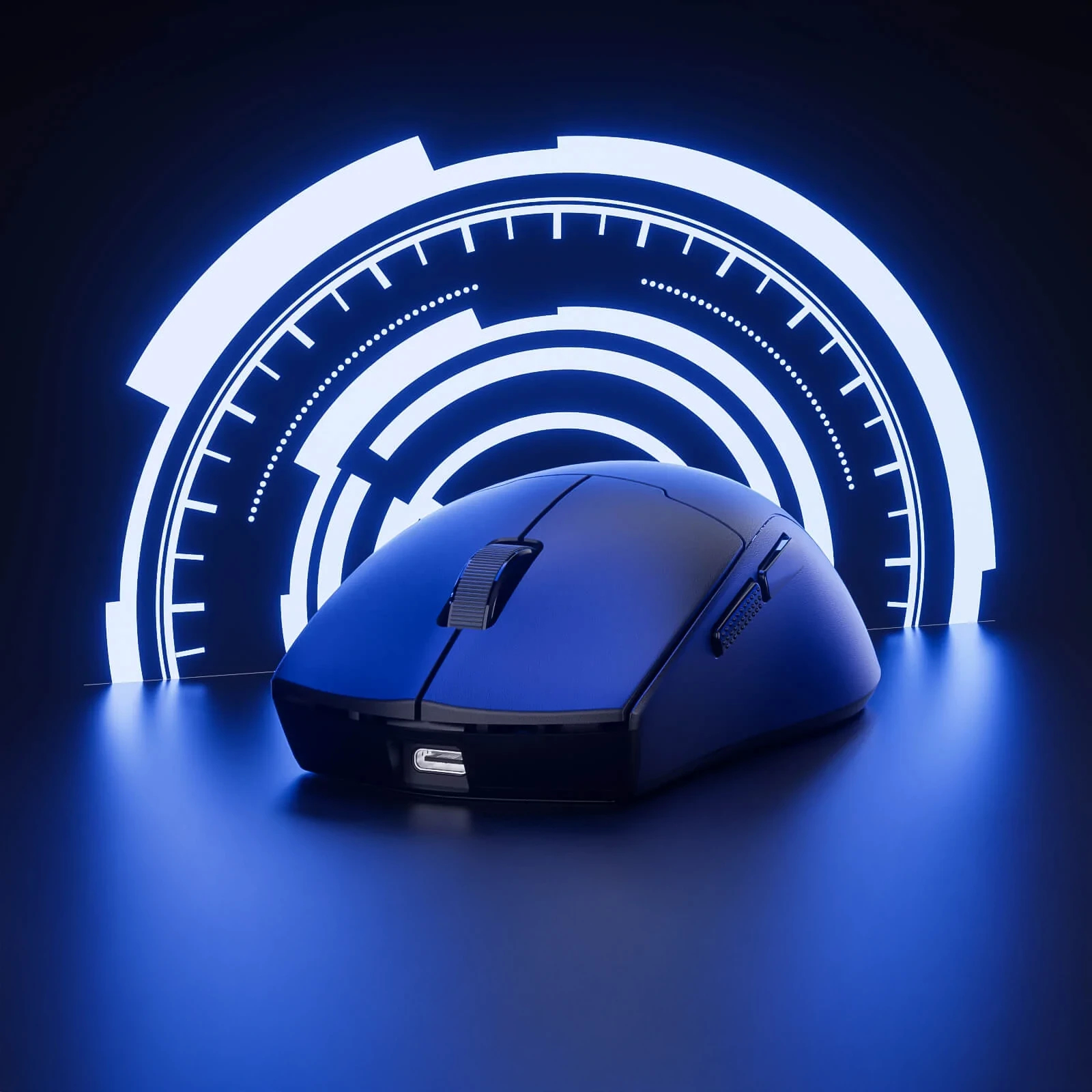 Mouse wireless blu e nero su superficie blu. Design circolare bianco luminoso sullo sfondo.