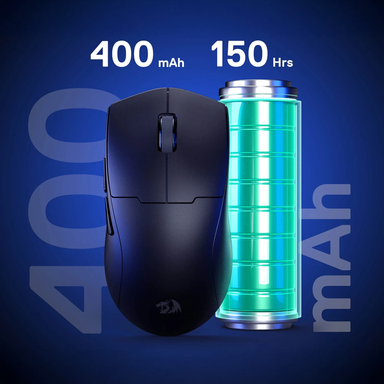 Mouse nero e icona batteria su sfondo blu. Il testo recita 400mAh e 150 ore.