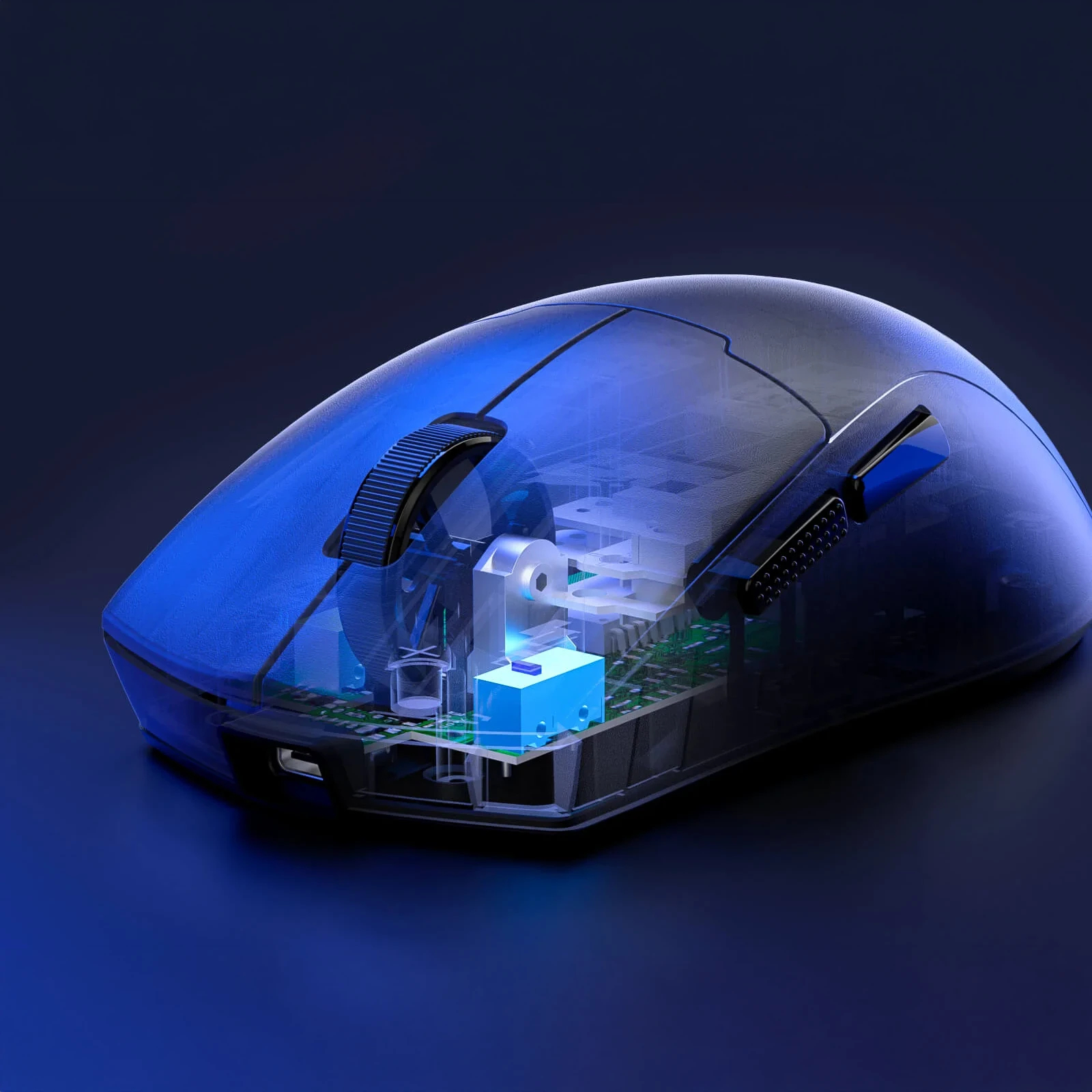 Un mouse da gioco blu trasparente con componenti interni visibili. Lo sfondo è blu scuro.