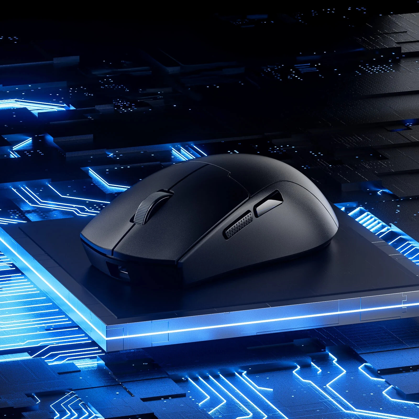 Un mouse per computer wireless nero è su un circuito stampato blu. Il mouse ha pulsanti e una rotella.