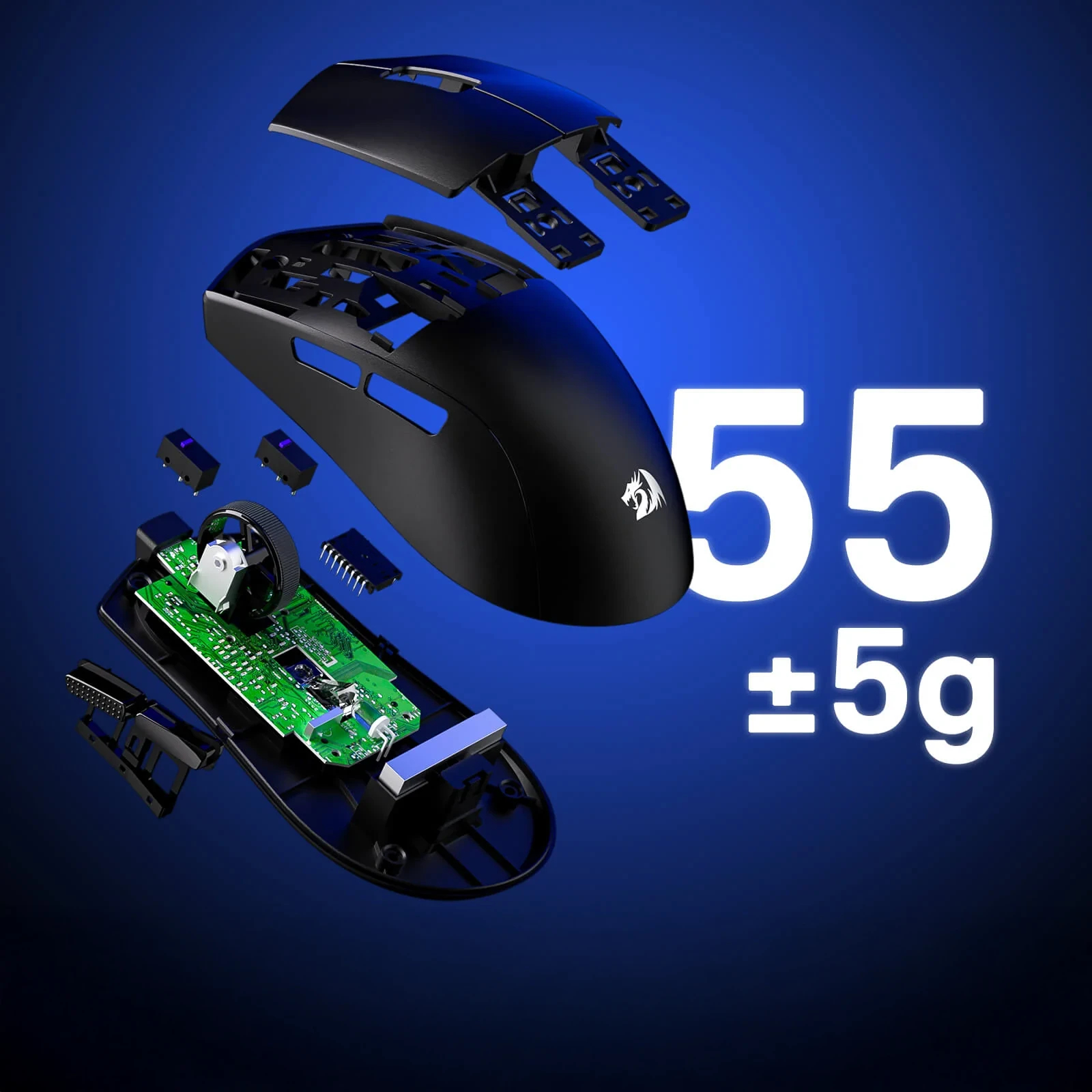 Mouse da gioco nero smontato, mostra i componenti interni. Testo: '55 ±5g' su sfondo blu sfumato.