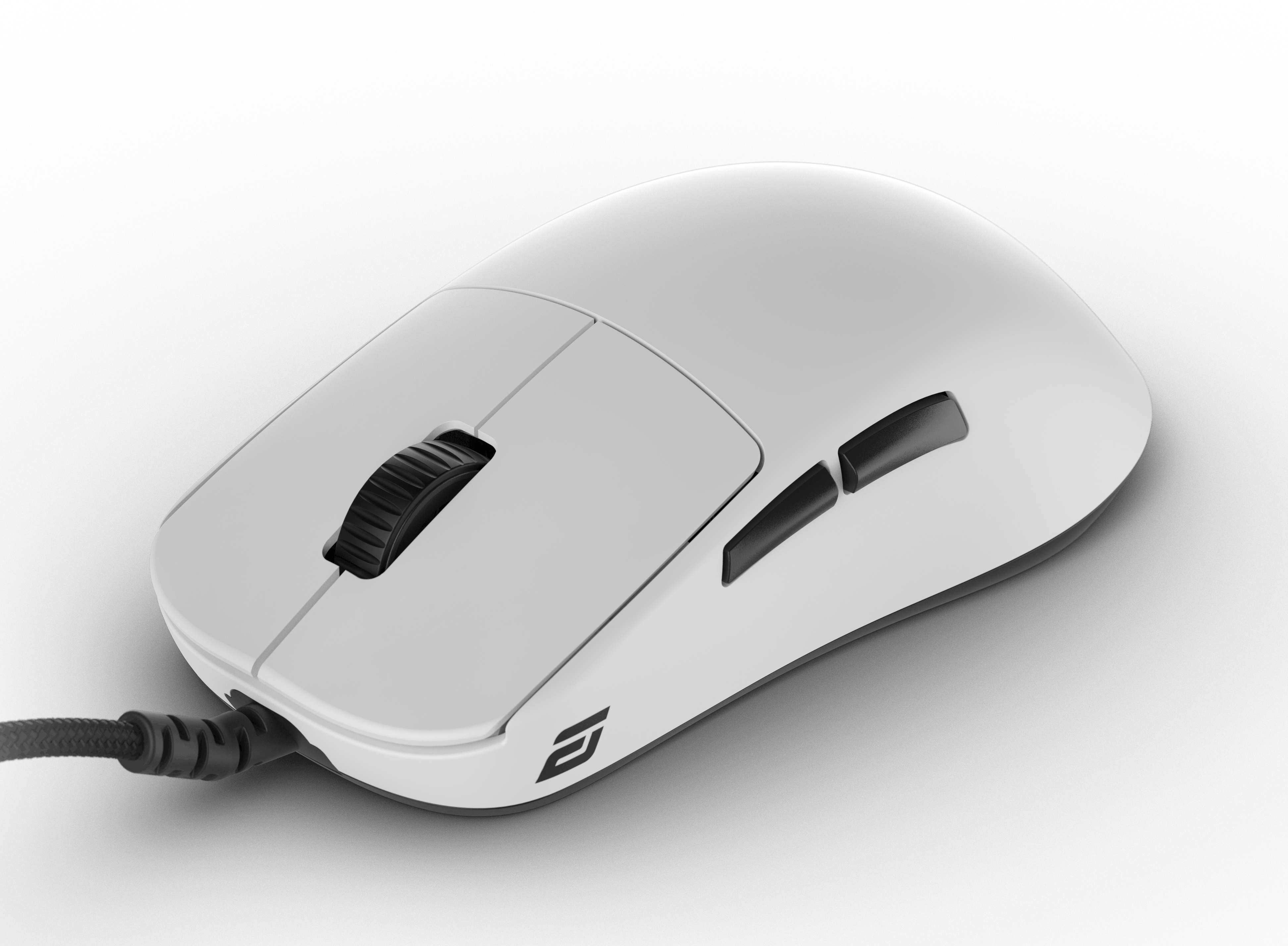 A white computer mouse with a black scroll wheel and side buttons. A black cord extends from the mouse.