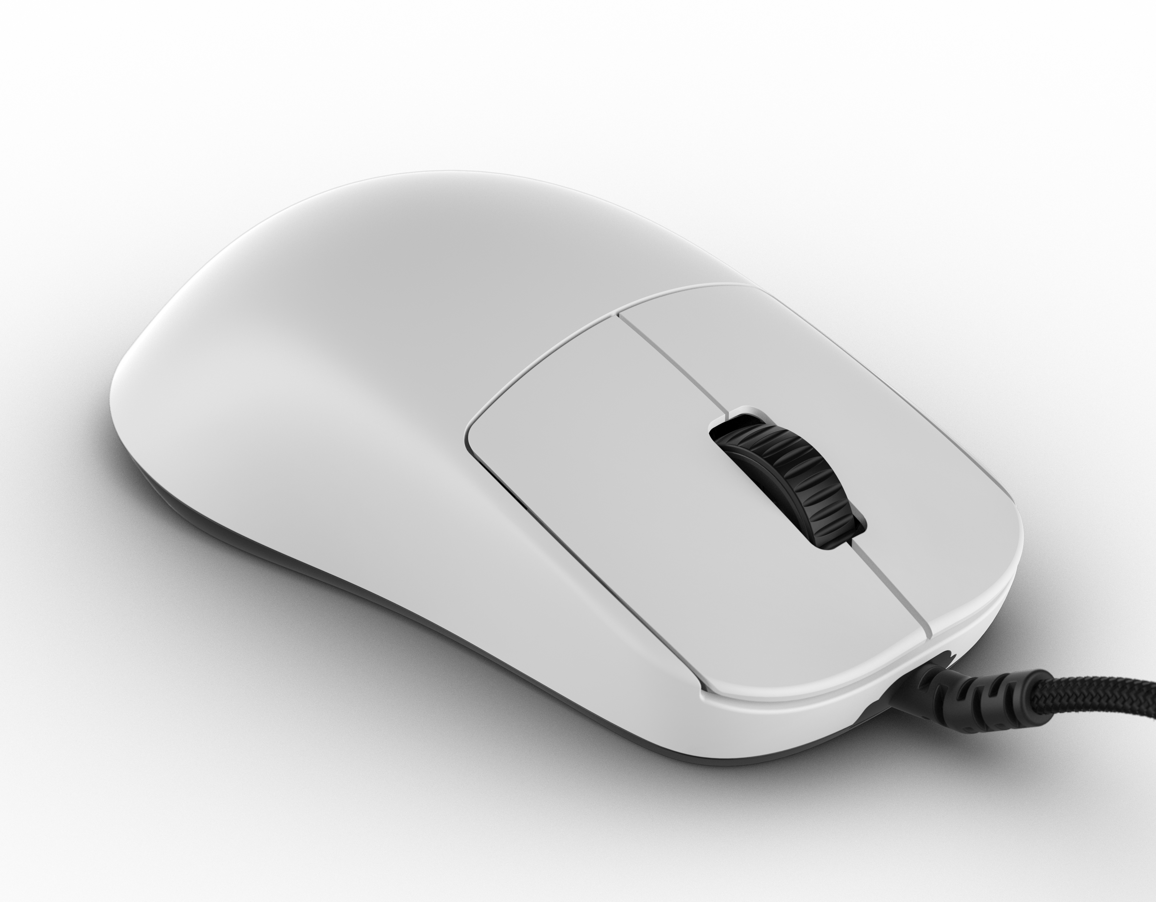White computer mouse with a black scroll wheel and a black braided cable. The mouse sits on a white surface.