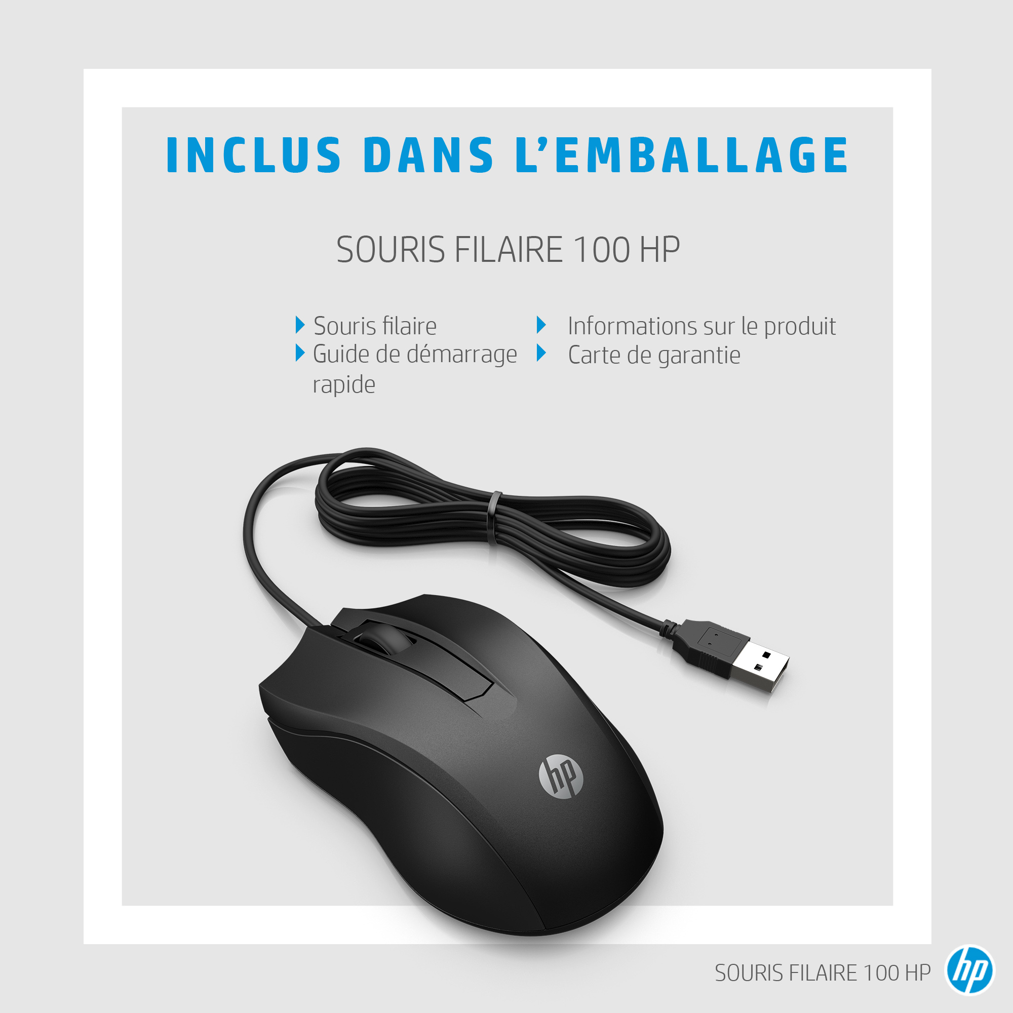 Ratón con cable HP negro con cable USB, texto en francés: 'Incluido en el paquete', 'Ratón con cable 100 HP'.