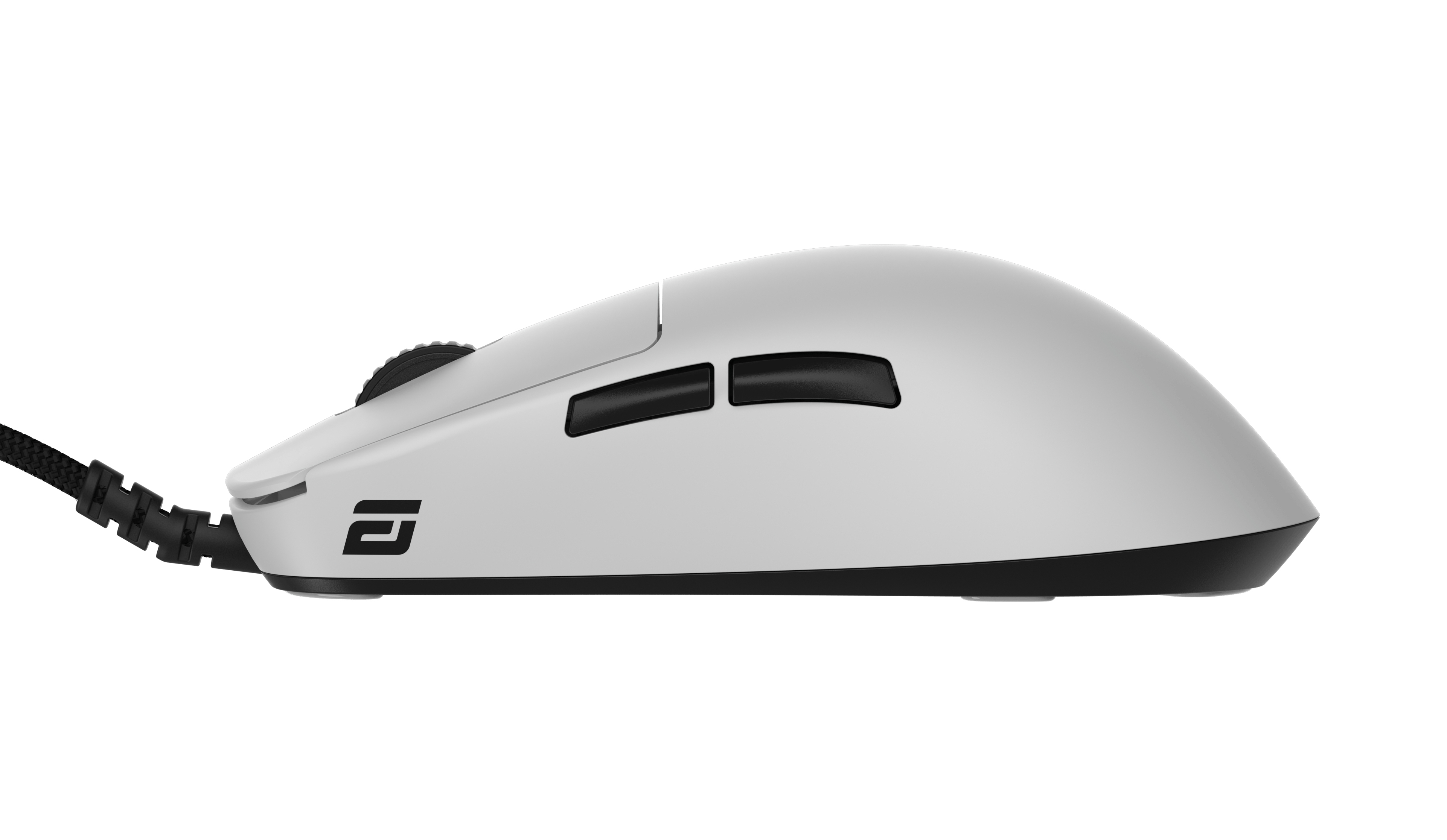 A white gaming mouse with black accents and a braided black cable. The mouse has side buttons and a scroll wheel.