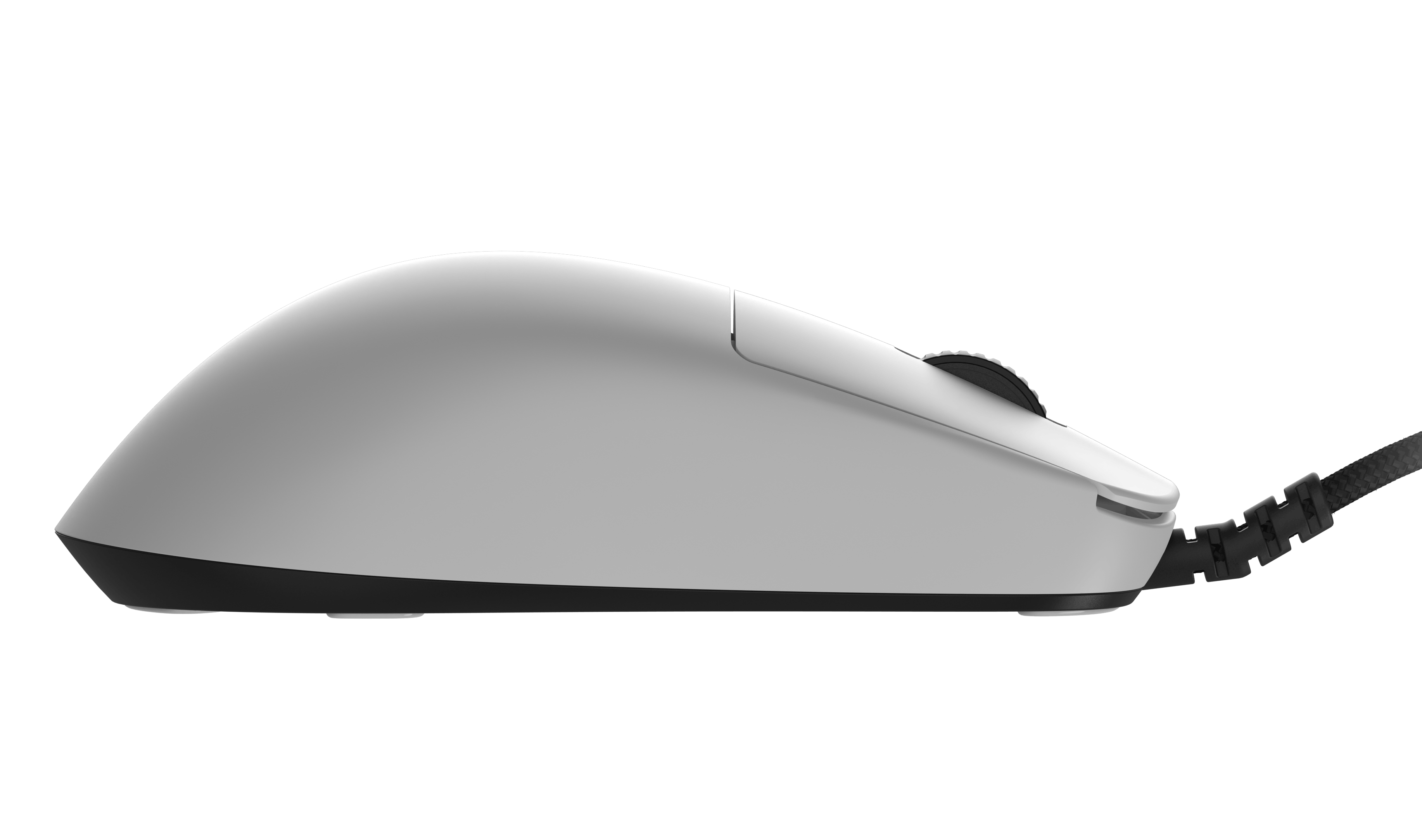 A white computer mouse on a white background. The mouse has a black scroll wheel and a black cable.