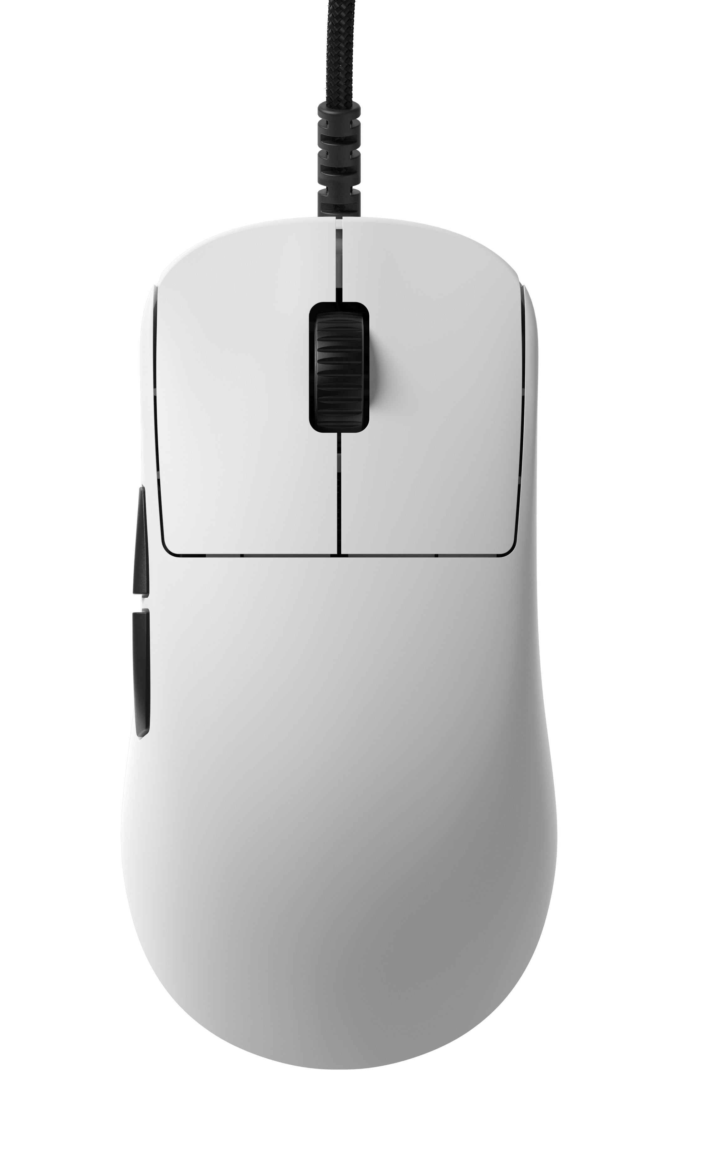 White gaming mouse with black buttons and scroll wheel, connected by a black braided cable. Isolated on white background.