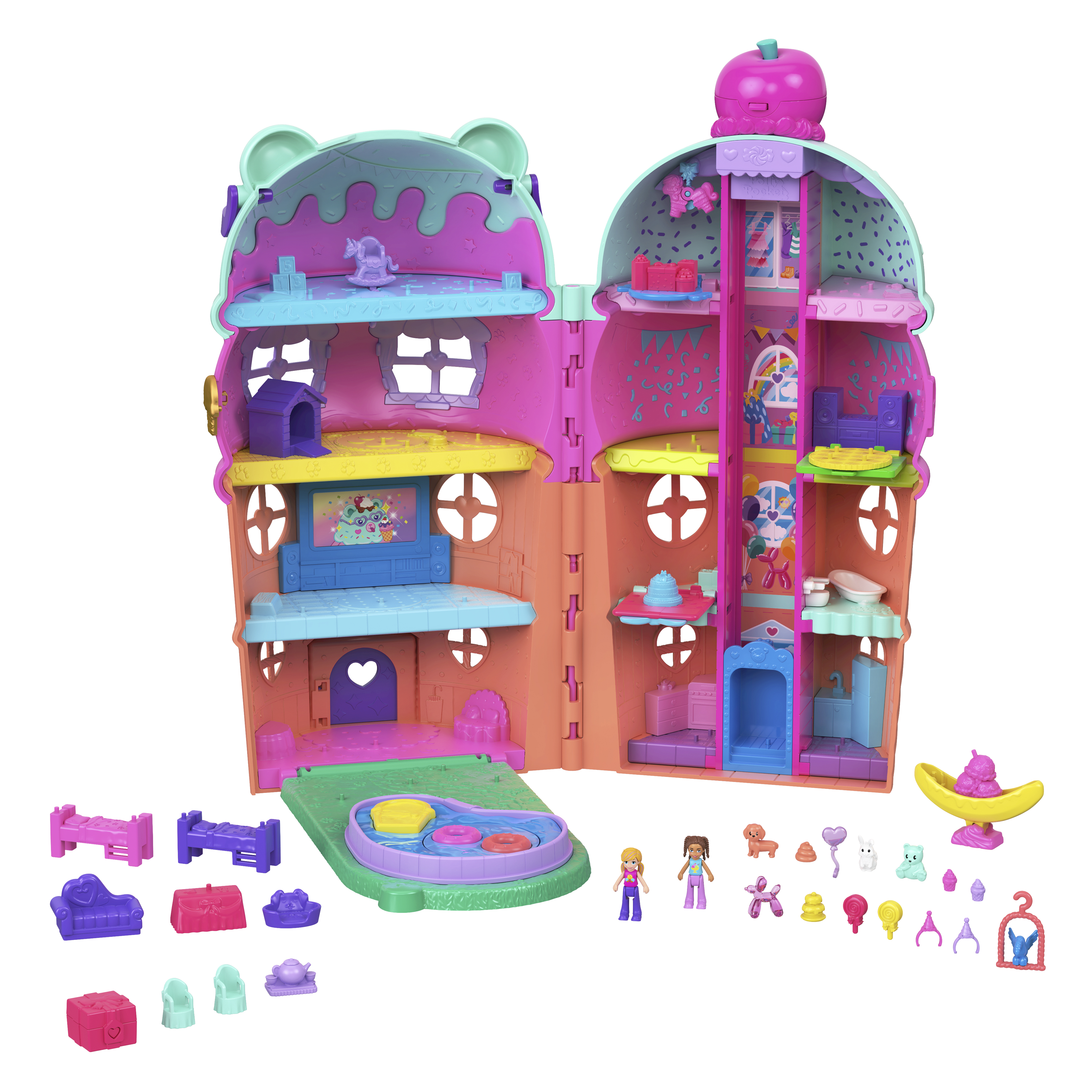Kolorowy zestaw do zabawy Polly Pocket, otwarty, aby odsłonić wiele pokoi z meblami, akcesoriami i figurkami. Zawiera basen i różne miniaturowe przedmioty.
