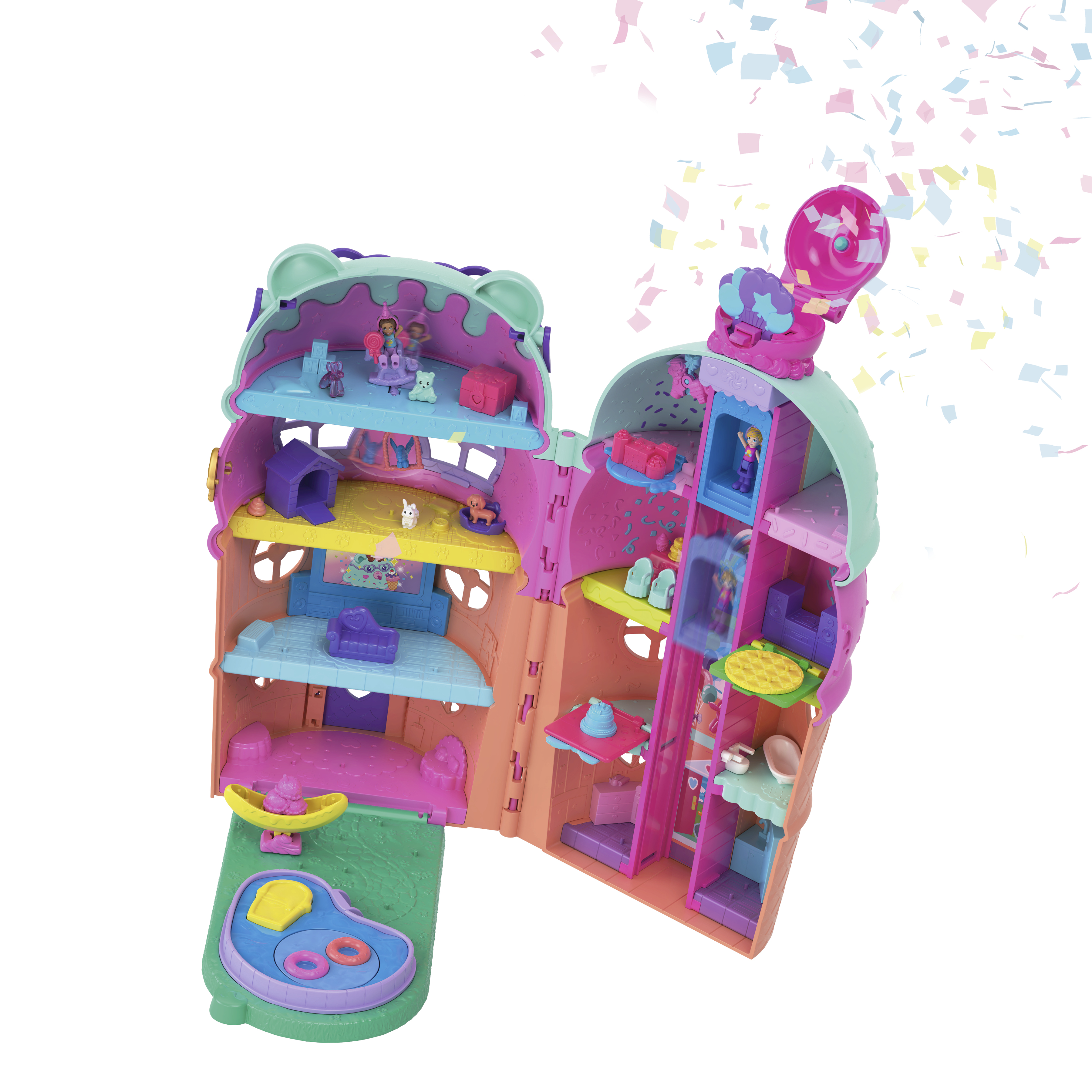 Kolorowy zestaw do zabawy Polly Pocket, w kształcie domu, z wieloma poziomami, figurkami i basenem. Konfetti jest rozrzucone.
