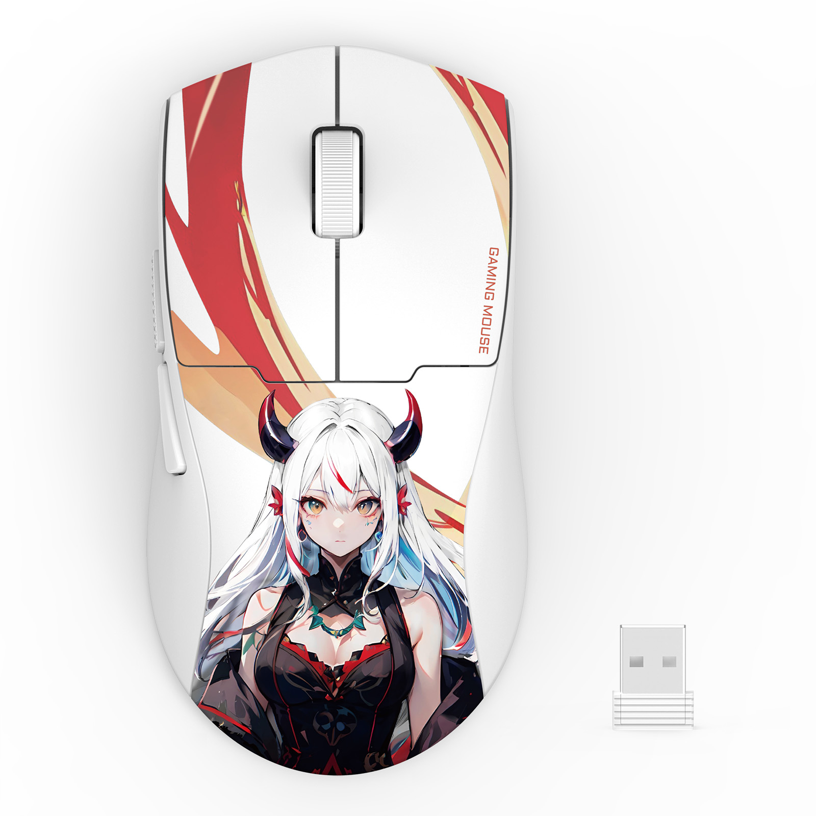 White gaming mouse with an anime girl design. Red accents and a USB receiver are also visible. The mouse is on a white surface.