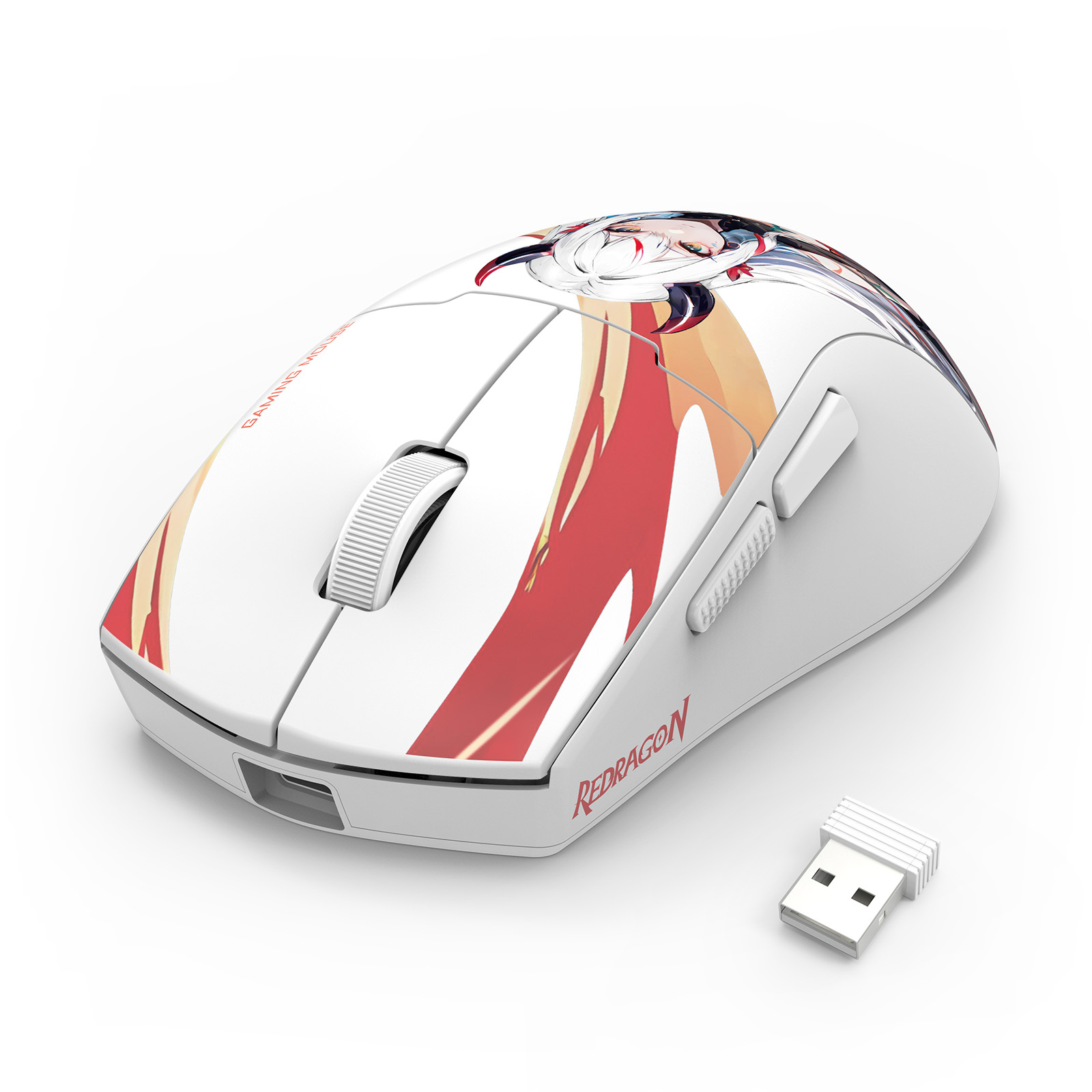 White Redragon gaming mouse with anime art and a USB receiver. It has red and yellow accents.