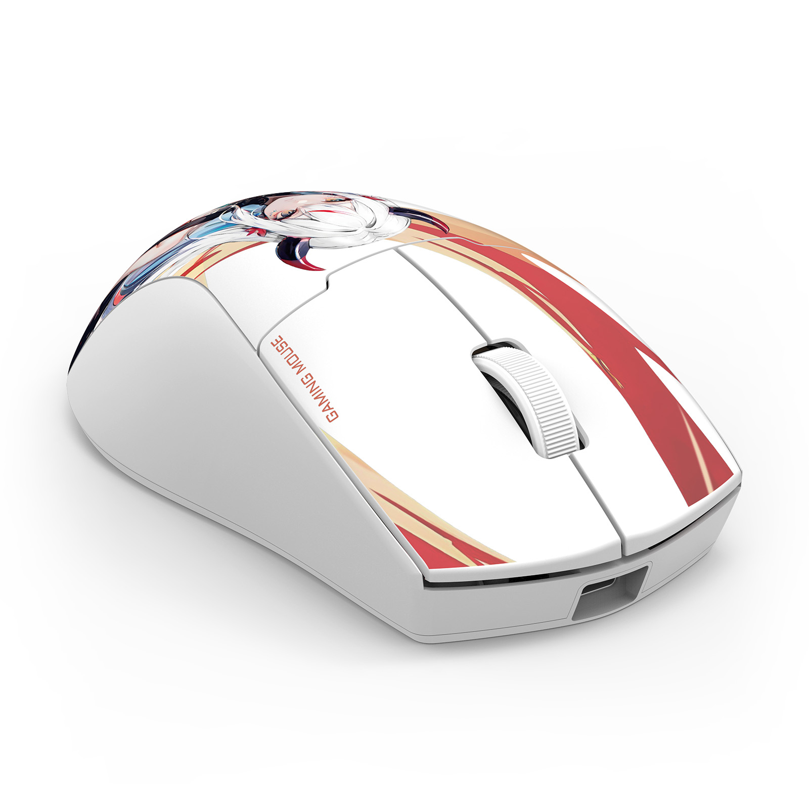 A white gaming mouse with an anime girl design. Red and beige streaks decorate the top. The words 'Gaming Mouse' are printed.