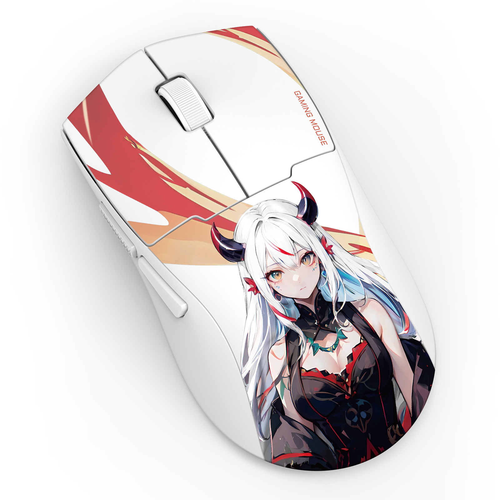 White gaming mouse with anime girl design. Features red accents, scroll wheel, and text 'GAMING MOUSE'.