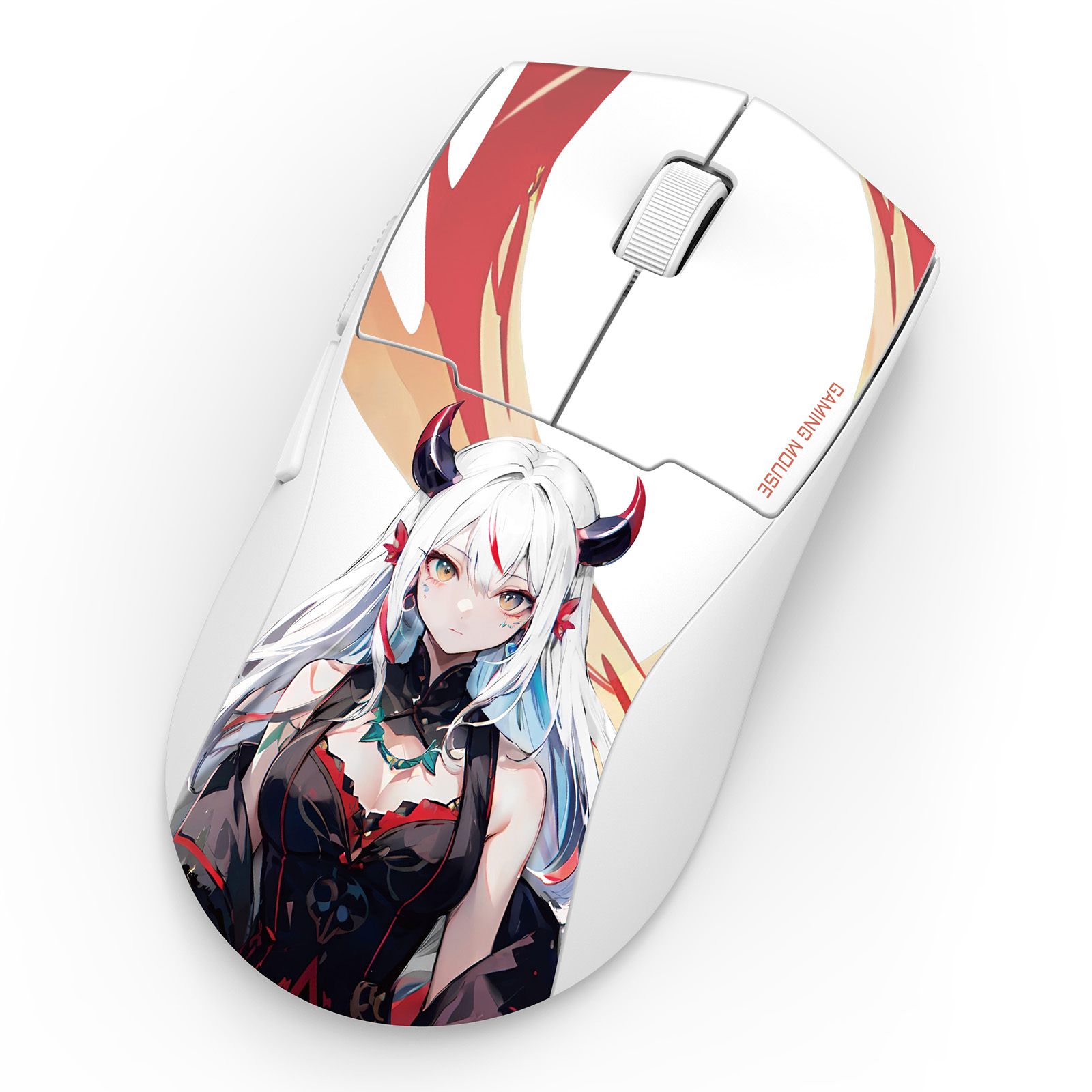 White gaming mouse with anime girl design. Red and white accents. Contains a scroll wheel and buttons. 'GAMING MOUSE' text.