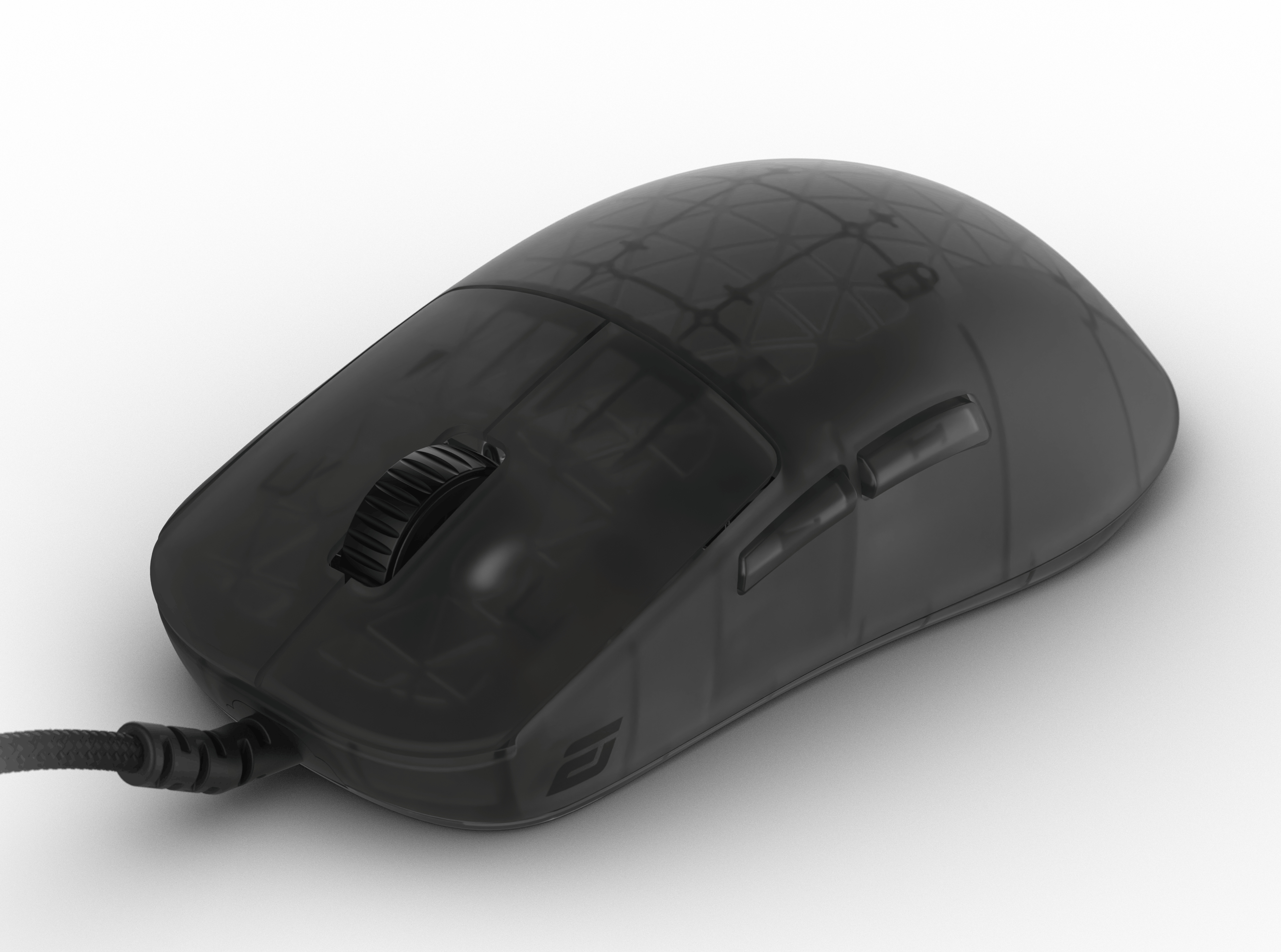 Een doorschijnende zwarte computermuis op een witte achtergrond. Voorzien van scrollwiel, knoppen en kabel.