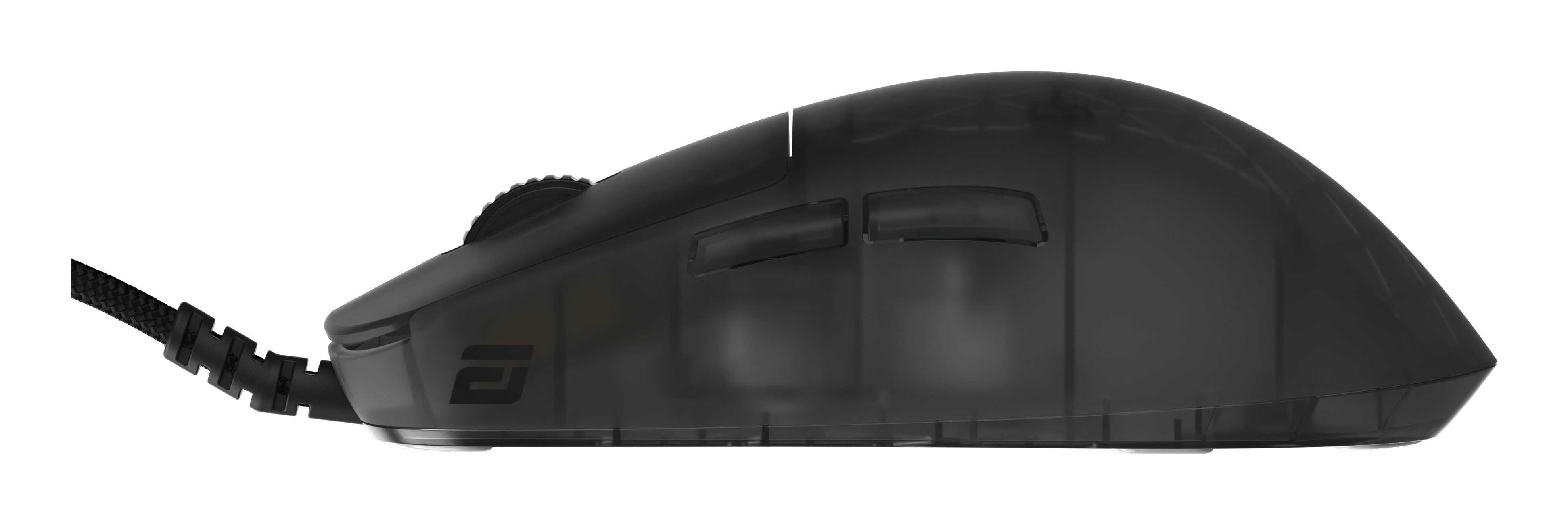 Zwarte gamingmuis. Zichtbaar zijn het scrollwiel, de zijknoppen en de gevlochten kabel. Het logo is zichtbaar.