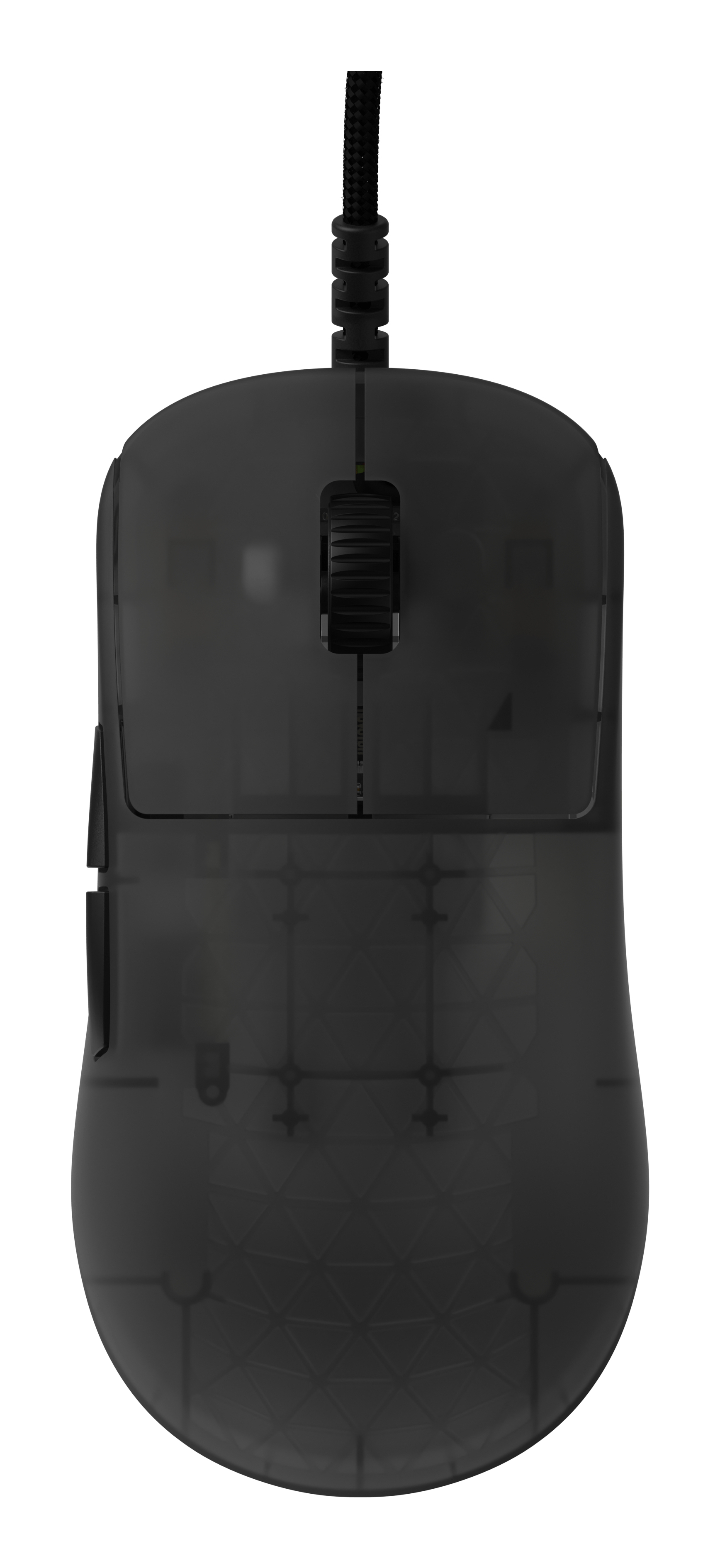 Een zwarte gamingmuis met een gevlochten kabel. De muis heeft een scrollwiel en knoppen. Het staat op een witte achtergrond.