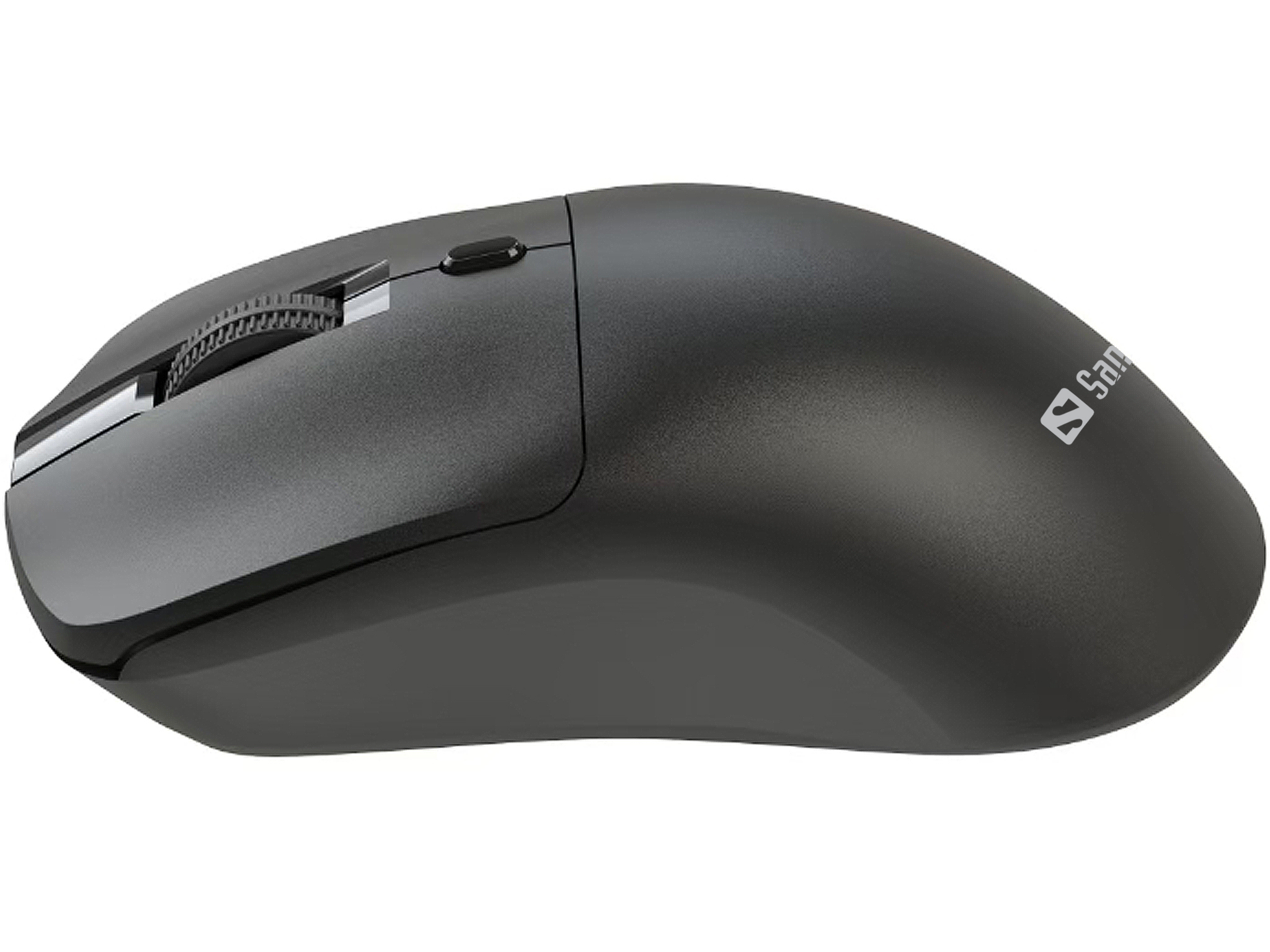 Une souris d'ordinateur gris foncé avec molette, boutons et le logo Sanwa sur fond blanc.