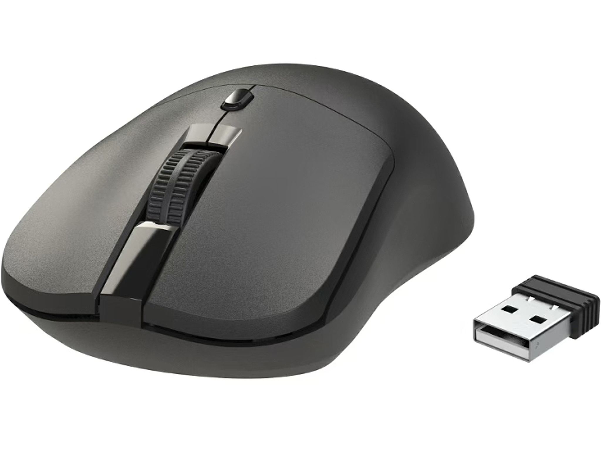 Une souris d'ordinateur sans fil avec une molette de défilement et un récepteur USB. La souris est gris foncé et le récepteur noir.