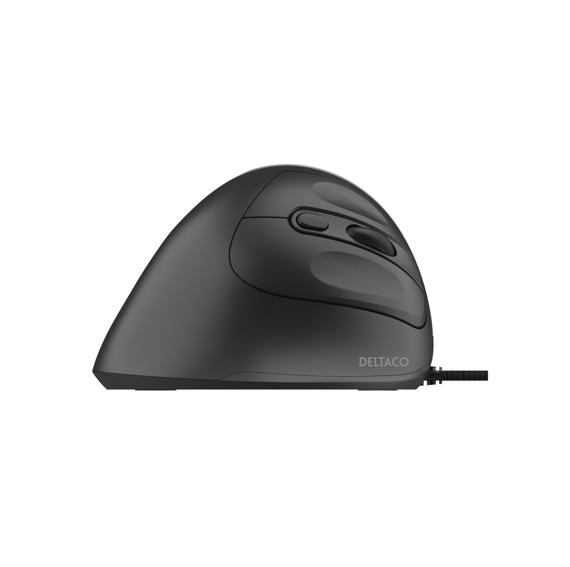 Un mouse ergonomico DELTACO nero su sfondo bianco. Ha una rotella e pulsanti. Un cavo si estende da esso.