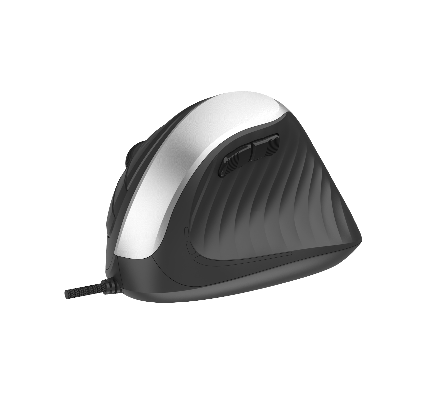 Un mouse ergonomico per computer. È nero e argento, con un design curvo e diversi pulsanti. Un cavo si estende dalla base.
