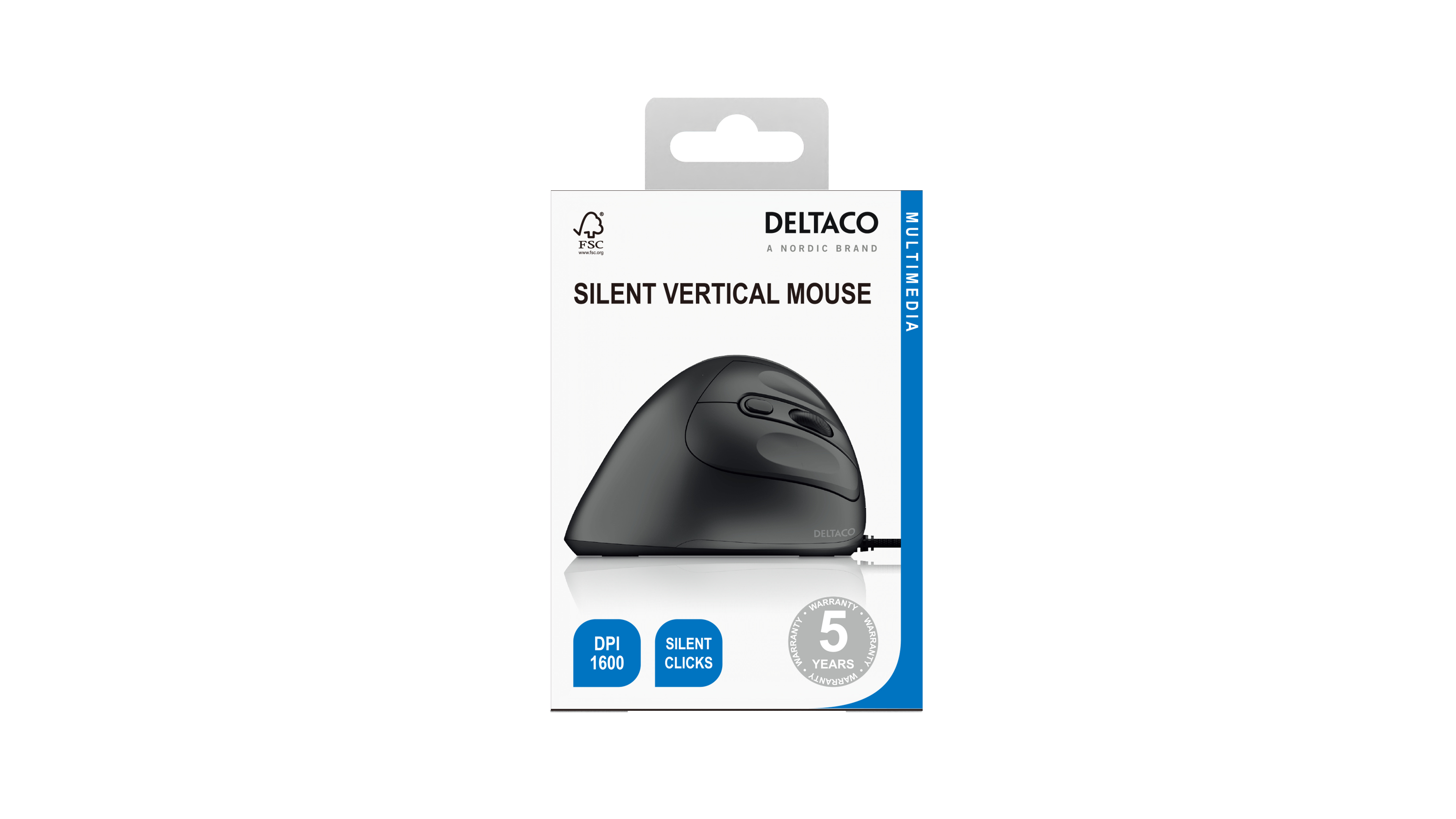 Un mouse verticale nero in una scatola. La scatola dice 'Silent Vertical Mouse' e il marchio è Deltaco.