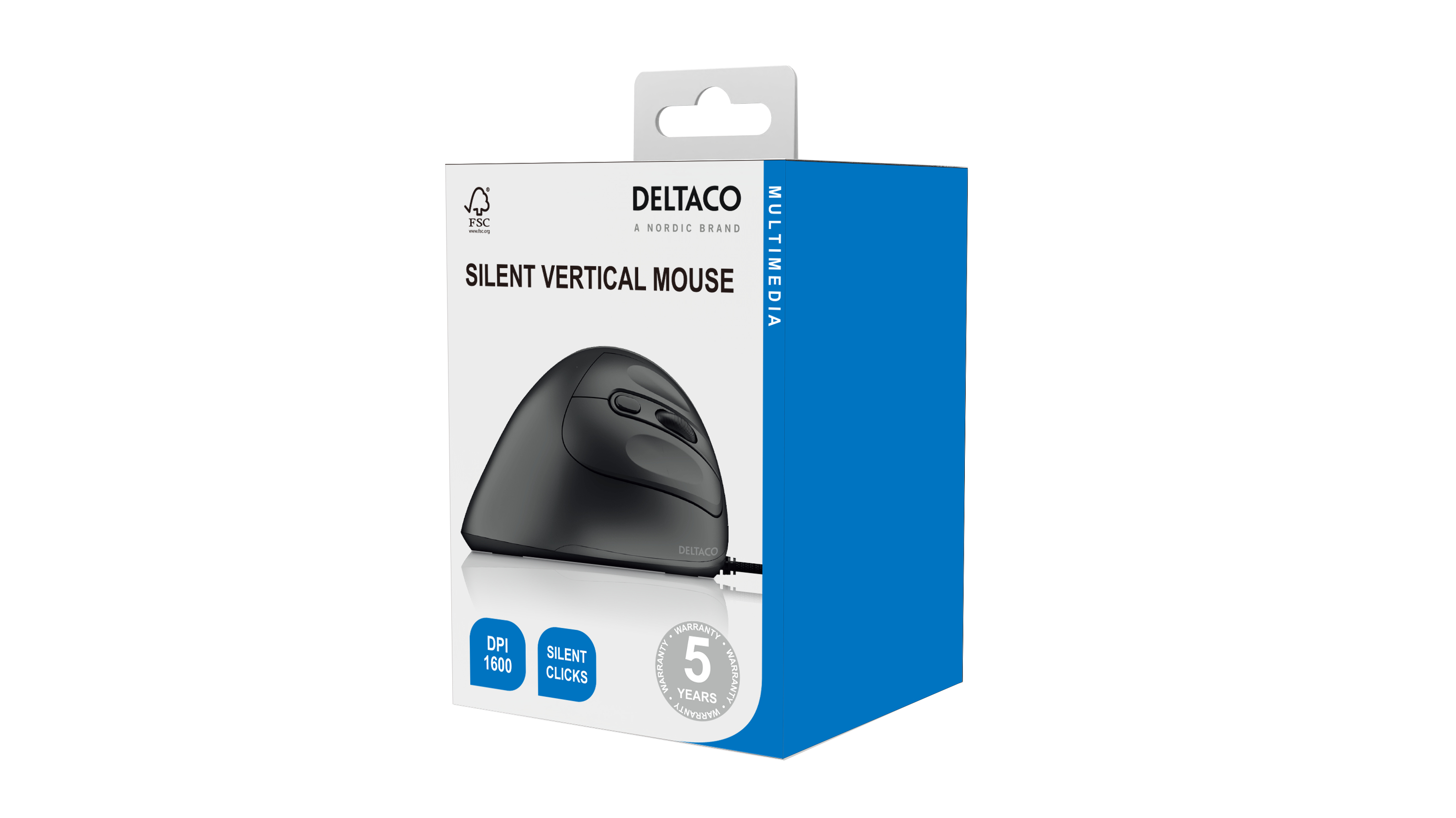 Un mouse verticale nero in una scatola. La scatola è bianca e blu e riporta la scritta DELTACO SILENT VERTICAL MOUSE.