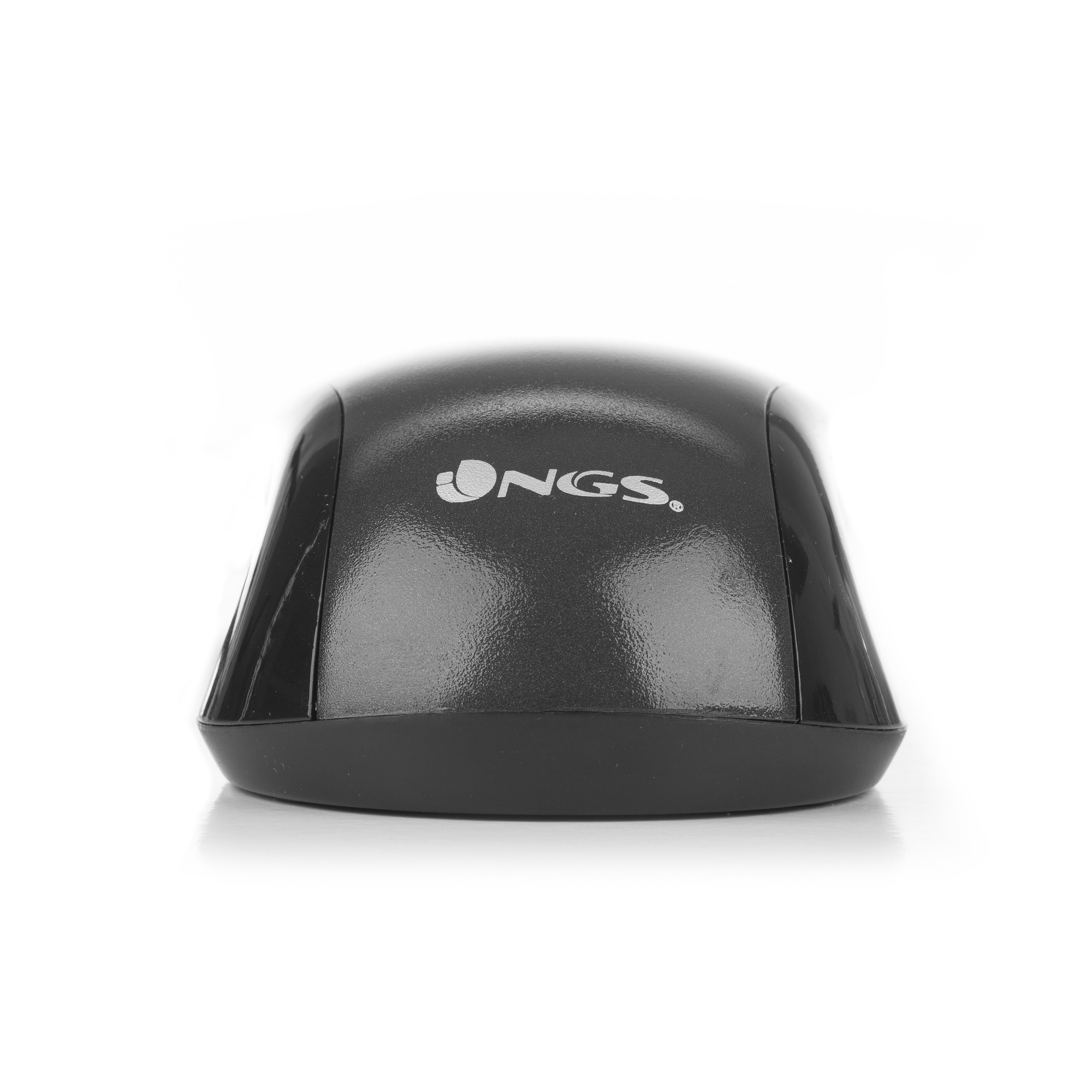Un ratón de computadora negro sobre un fondo blanco. El ratón tiene el logotipo "ONGS" en la parte superior.