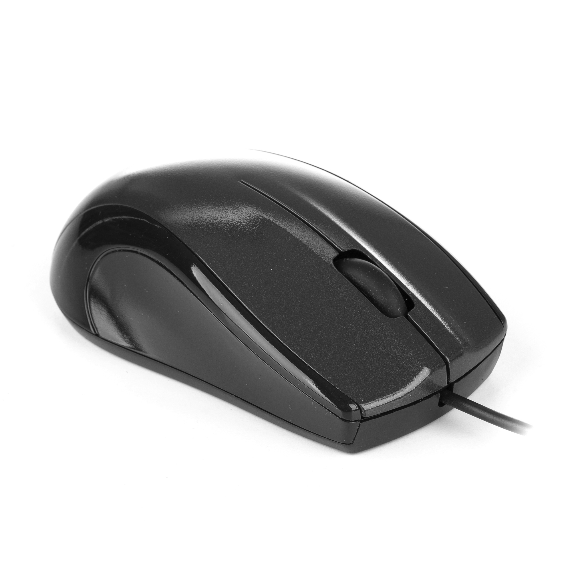 Ratón de computadora negro sobre fondo blanco. Tiene una rueda de desplazamiento y un cable.