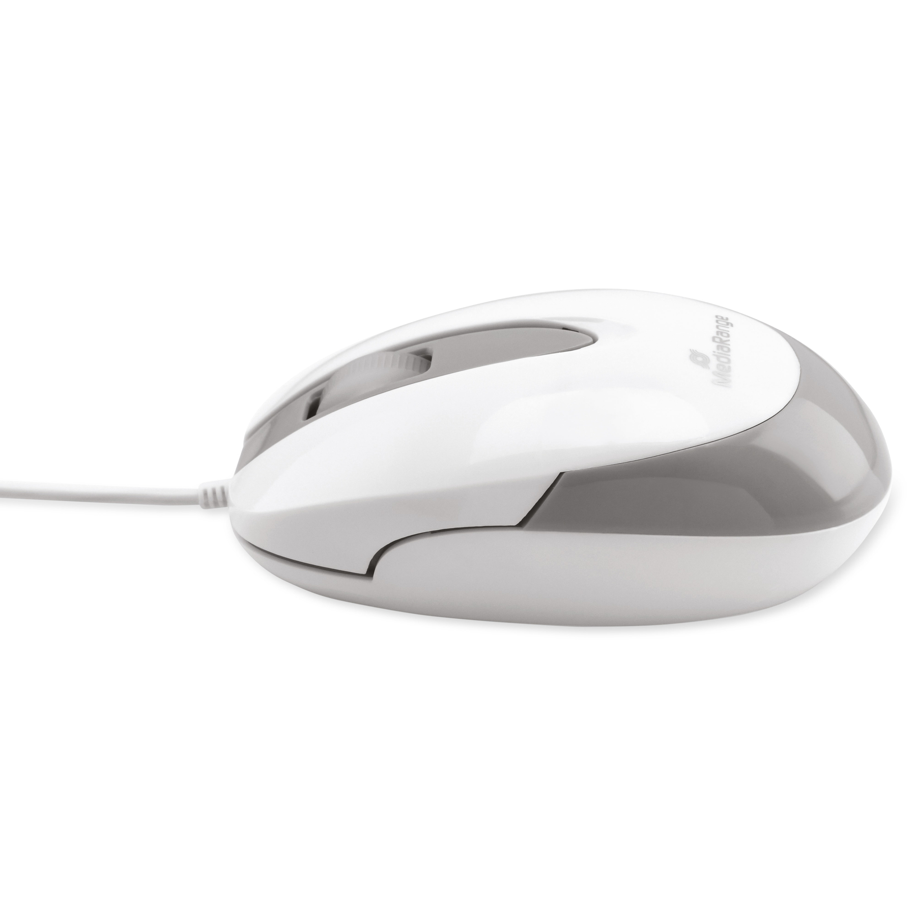 Biała i szara mysz komputerowa z kablem, na białym tle.